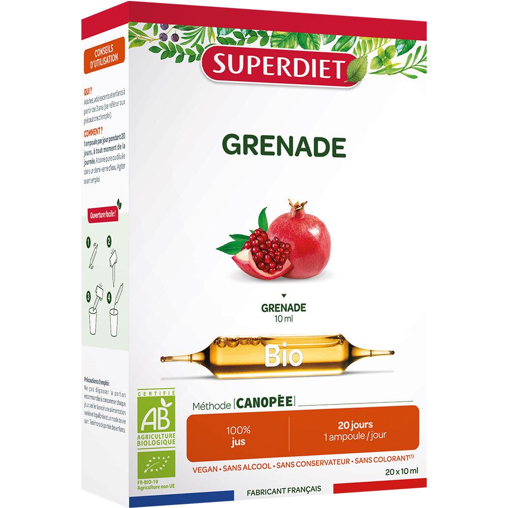Boîte SUPERDIET Grenade Bio. 20 ampoules. Logo bio, image de grenade.