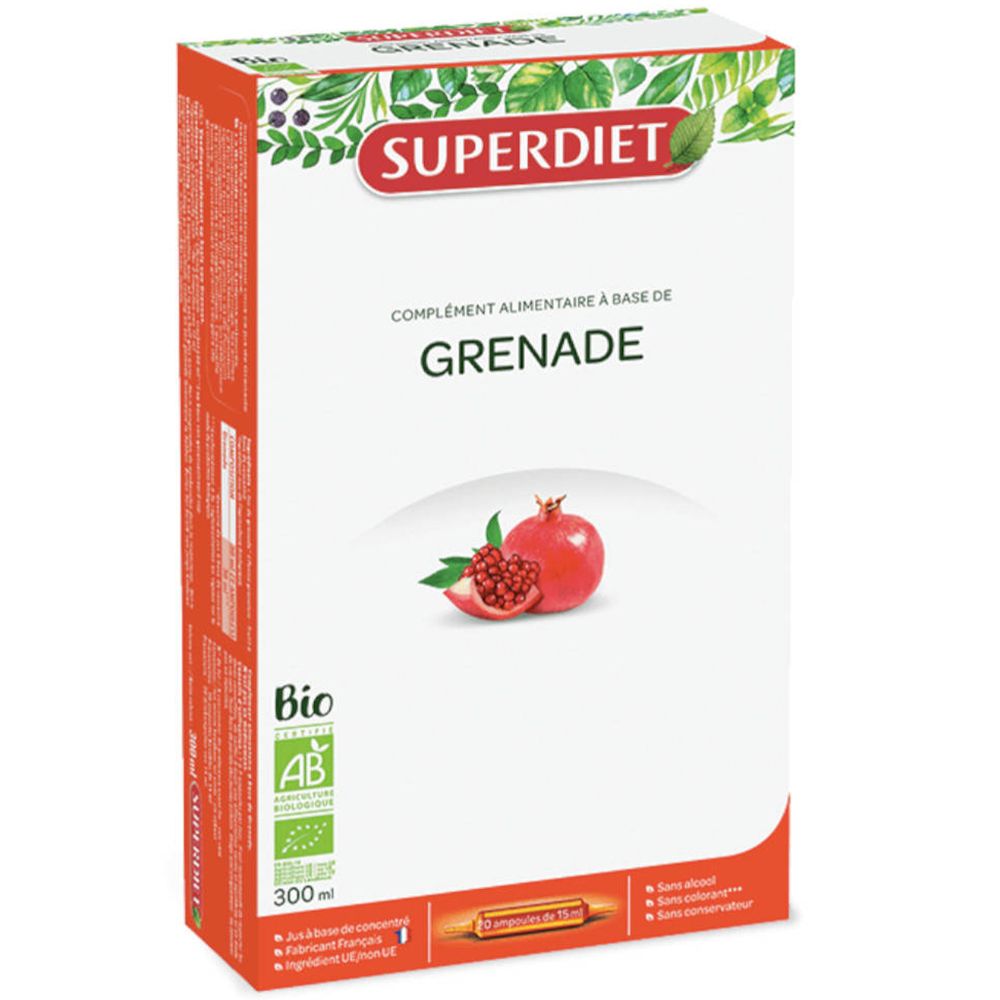 Verpakking SUPERDIET Granaatappel Bio. Bio-logo, granaatappelafbeelding. 300 ml.