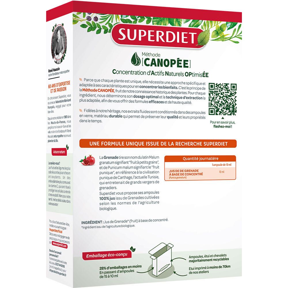 Dos de la boîte SUPERDIET Grenade Bio. Logo bio, ingrédients.