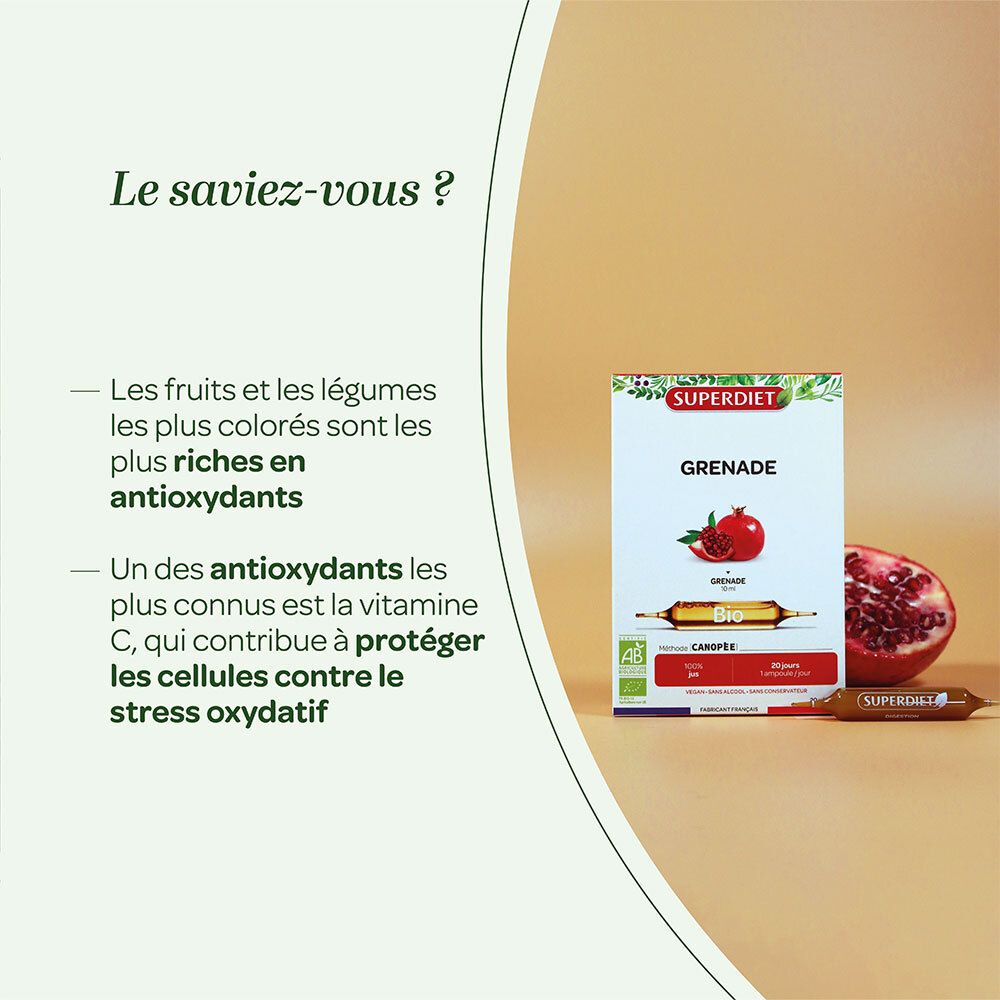 Boîte SUPERDIET Grenade Bio. Logo bio, image de grenade. 300 ml.