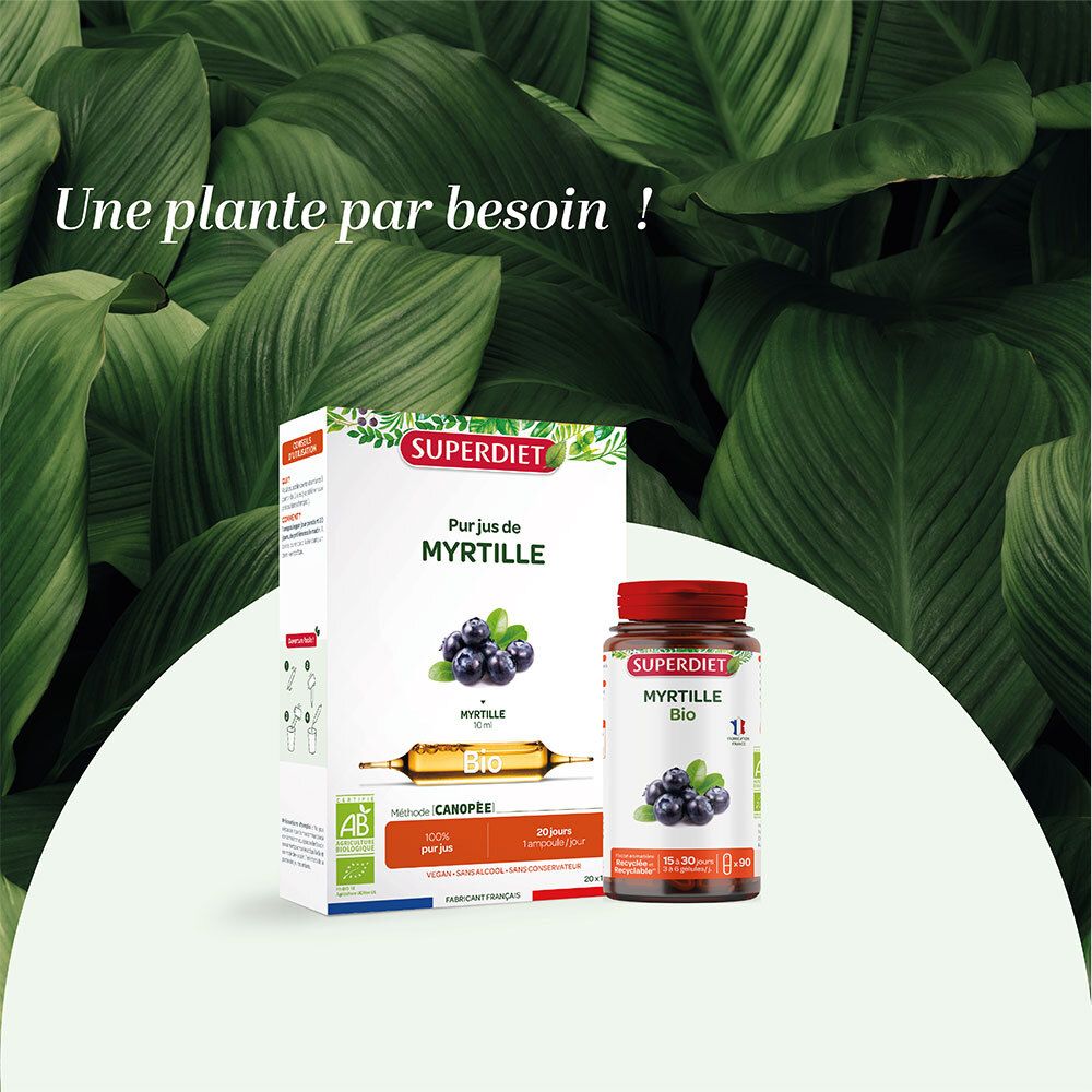Boîte SUPERDIET Grenade Bio. 20 ampoules. Logo bio, image de grenade.