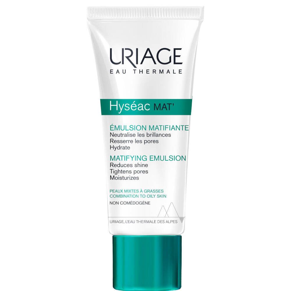 Witte tube Uriage Hyséac MAT. Groene dop. Productnaam en merk zichtbaar. Matterende emulsie.