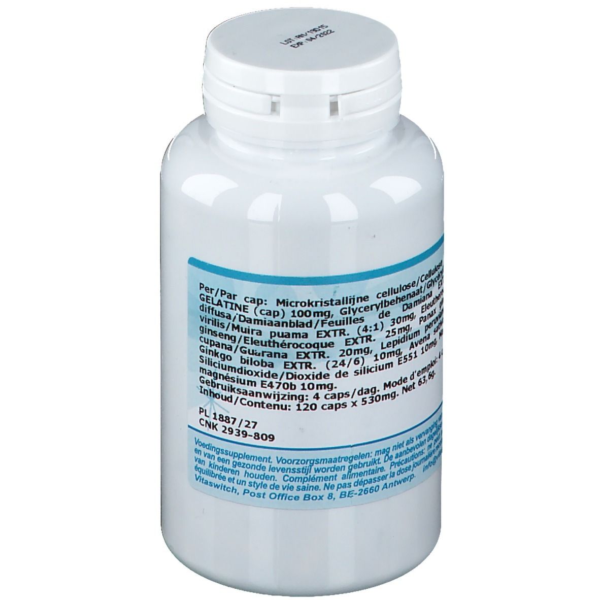 Flacon blanc avec étiquette bleue. Inscription: ingrédients et dosage. Couvercle à fermeture rabattable.
