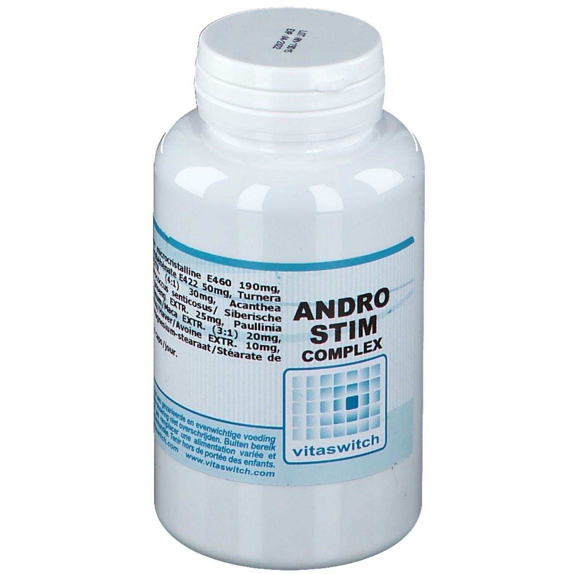 Flacon blanc avec étiquette bleu et blanc. Inscription: Andro Stim Complex. Marque: vitaswitch.