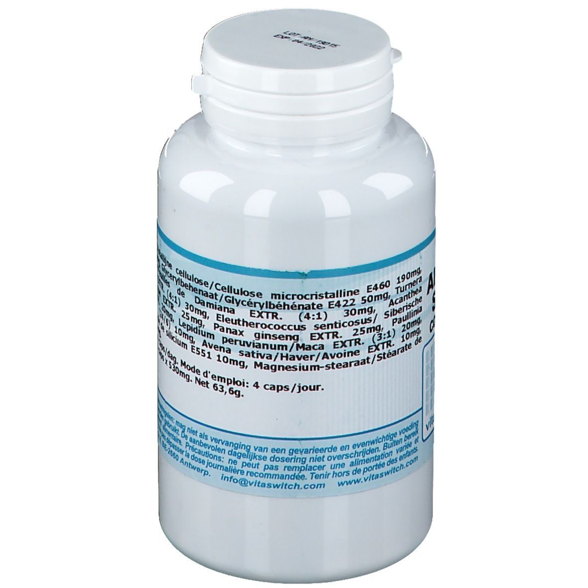 Flacon blanc avec étiquette bleue. Inscription: ingrédients et dosage. Couvercle à fermeture rabattable.
