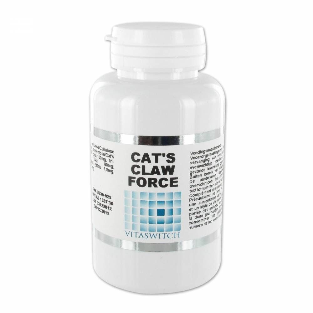 Flacon blanc avec l'inscription "CAT'S CLAW FORCE" et le logo "Vitaswitch". Bande argentée. Bouchon blanc.