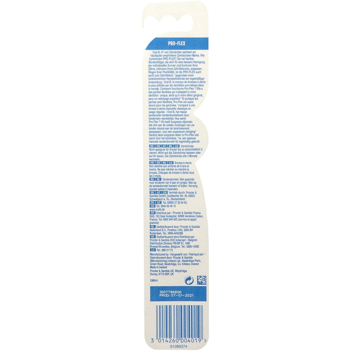 Rückseite der Zahnbürstenverpackung. Text in mehreren Sprachen. Informationen zum Produkt und Hersteller. Barcode unten.