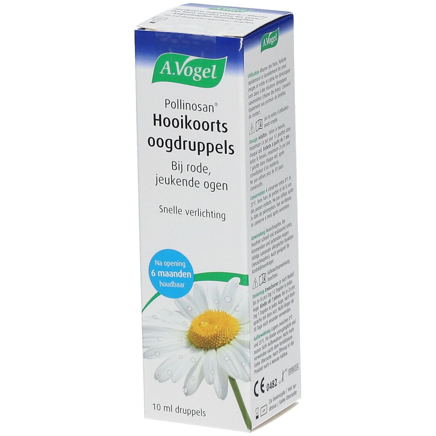 A.Vogel Pollinosan verpakking. Bevat oogdruppels. Opschrift: Hooikoorts oogdruppels. Illustratie van kamillebloem.