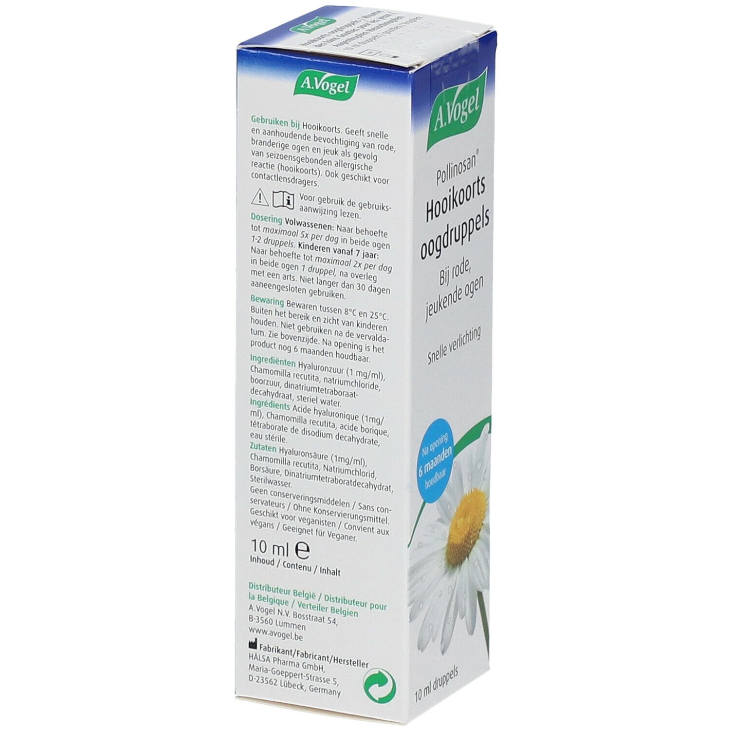 Achterkant van de A.Vogel Pollinosan verpakking. Bevat informatie over gebruik en ingrediënten. CE-markering.