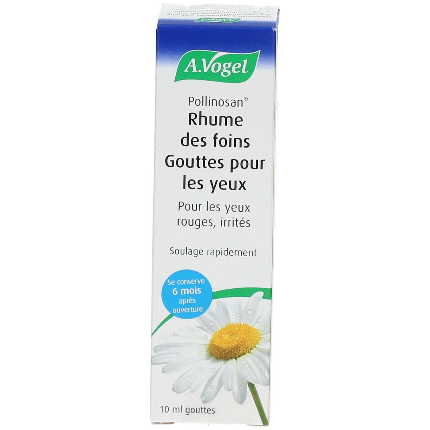 A.Vogel Pollinosan verpakking. Bevat oogdruppels. Opschrift: Rhume des foins, gouttes pour les yeux. Illustratie van kamillebloem.