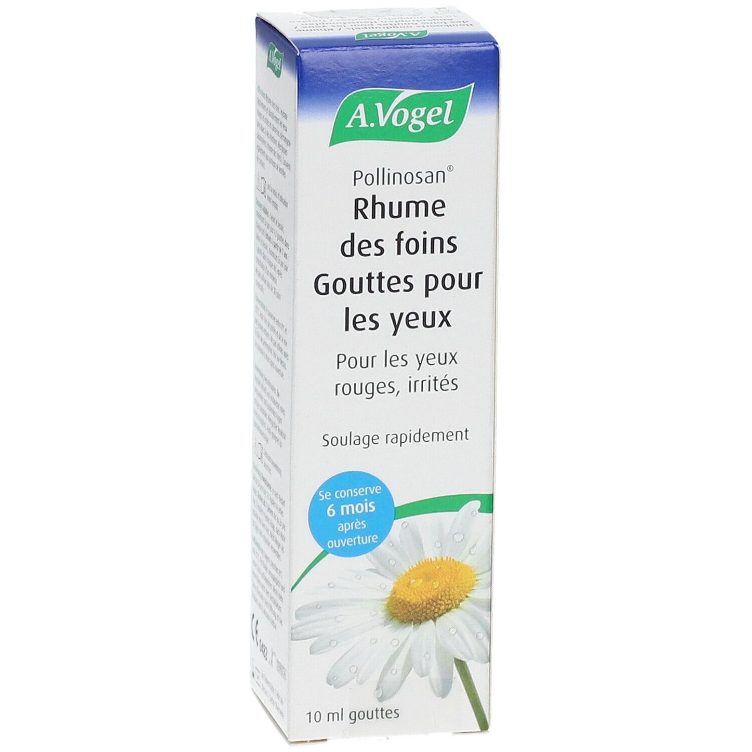A.Vogel Pollinosan verpakking. Bevat oogdruppels. Opschrift: Rhume des foins, gouttes pour les yeux. Illustratie van kamillebloem.