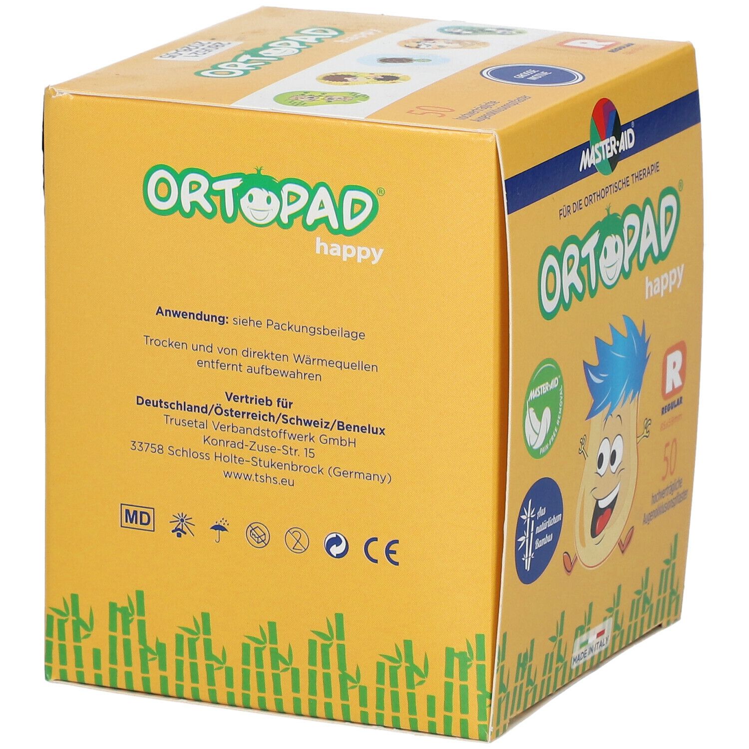 Ortopad Happy Regular oogpleisterverpakking. Gele doos met logo en tekst. Achteraanzicht.
