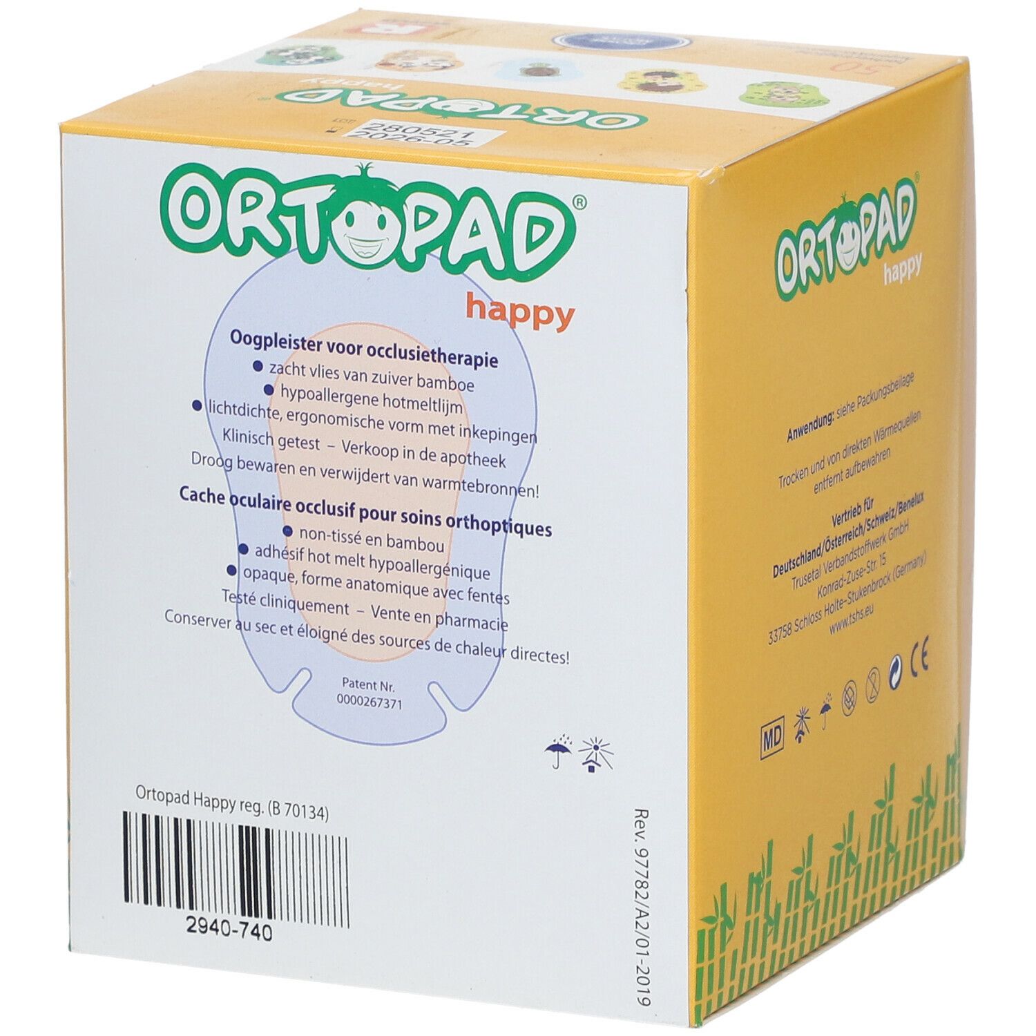 Ortopad Happy Regular oogpleisterverpakking. Gele doos met tekst en logo. Productinformatie op de achterkant.