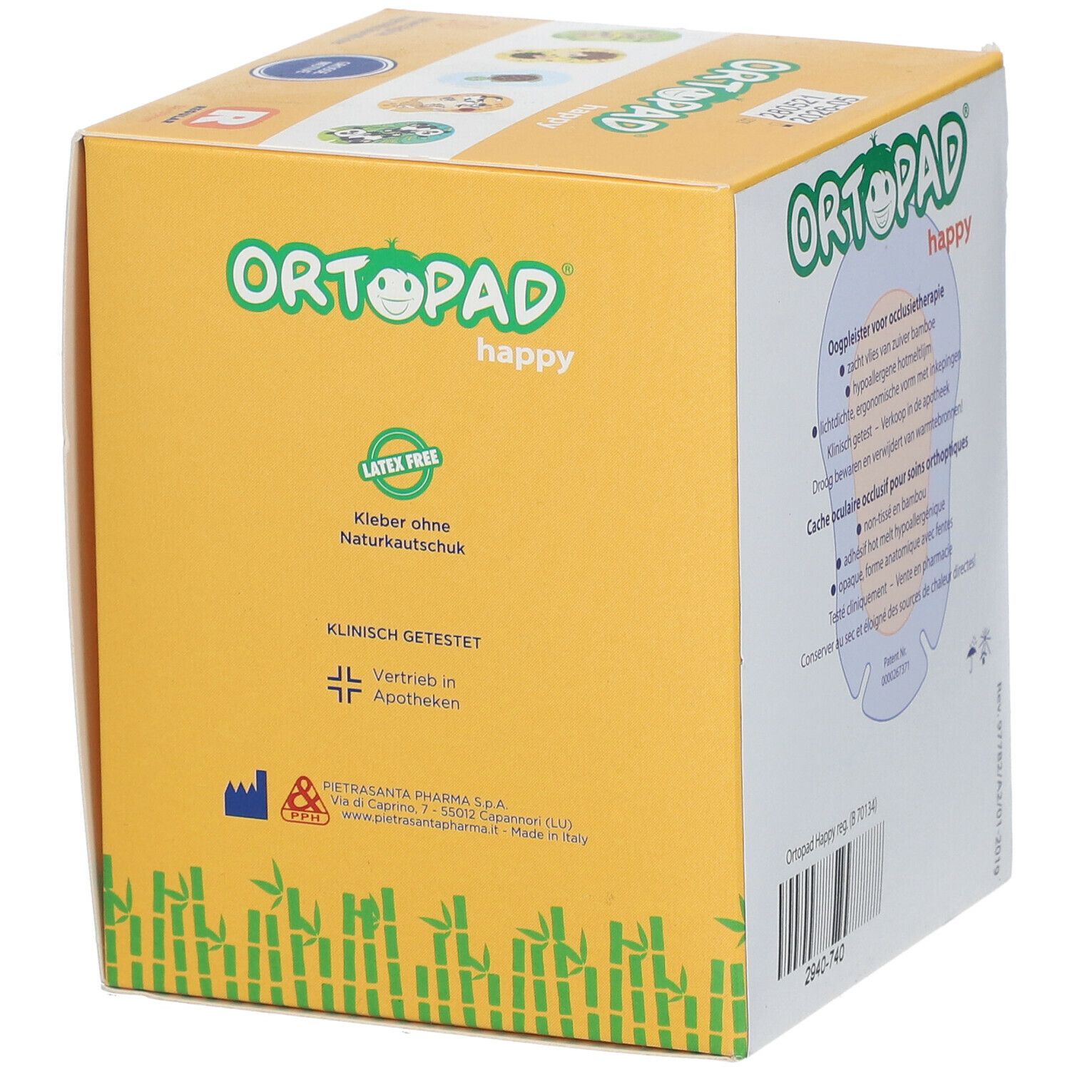Ortopad Happy Regular oogpleisterverpakking. Gele doos met tekst en logo. Productinformatie op de achterkant.