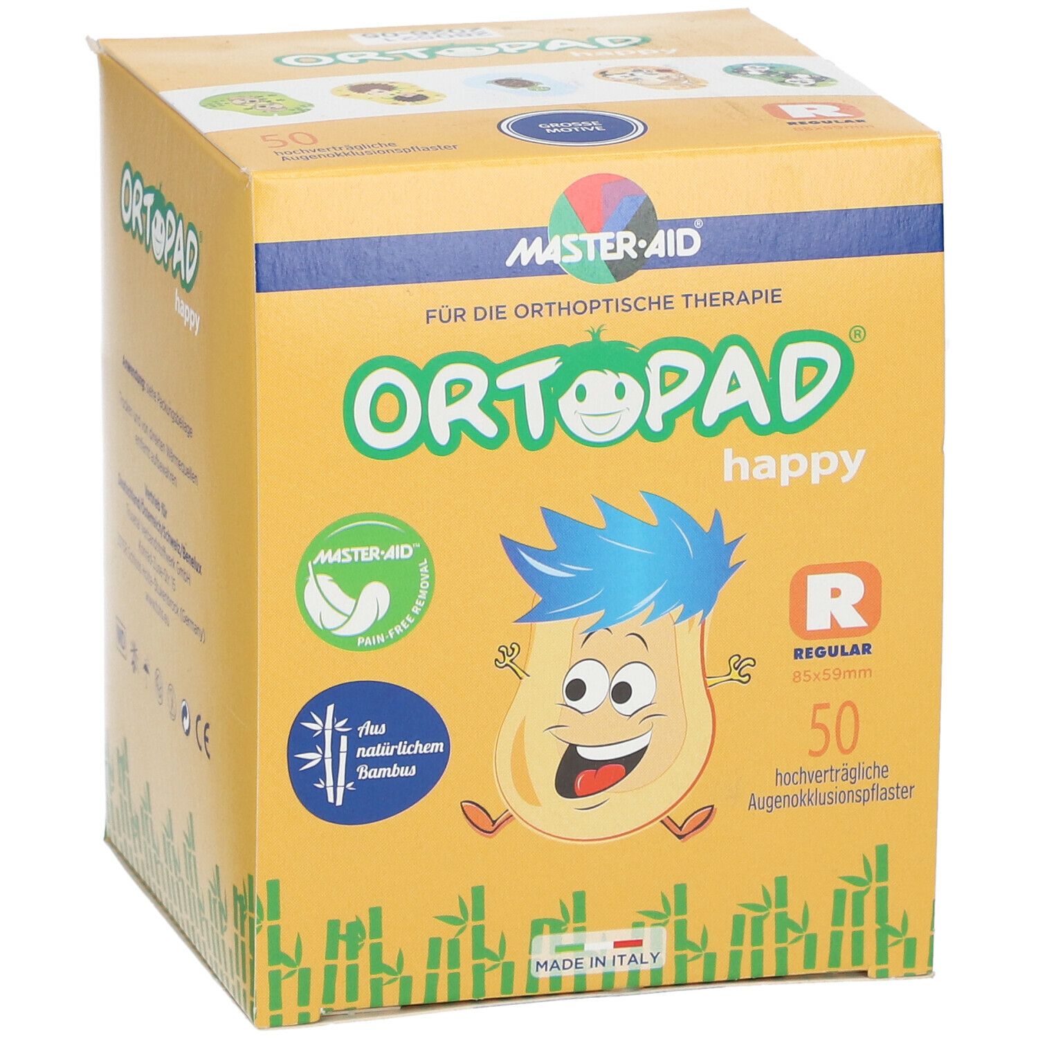 Ortopad Happy Regular oogpleisterverpakking. Gele doos met logo, illustratie en tekst. 50 stuks.