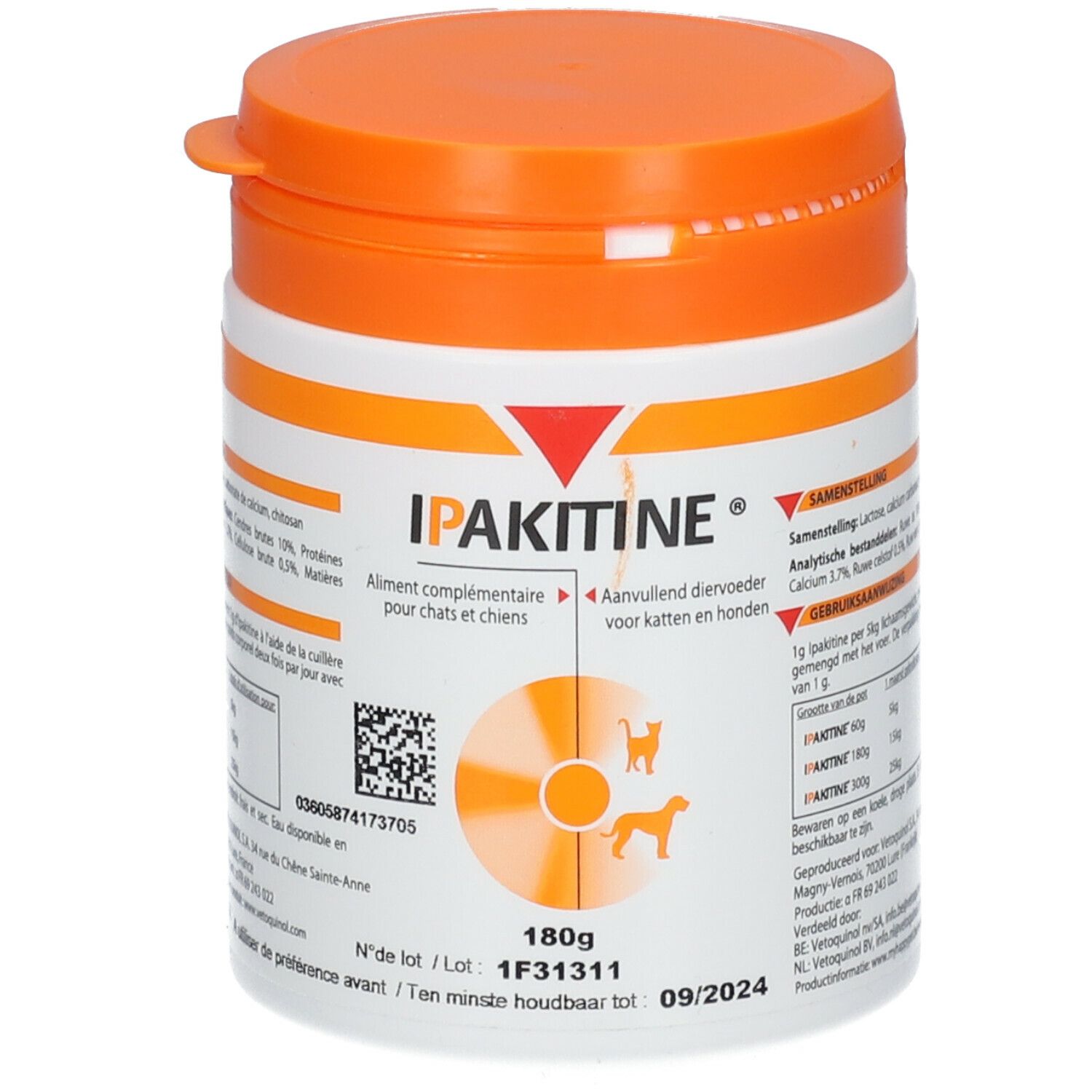 Pot met oranje deksel. Opschrift: IPAKITINE. Aanvullend diervoeder voor katten en honden. 180g. Houdbaar tot 09/2024.