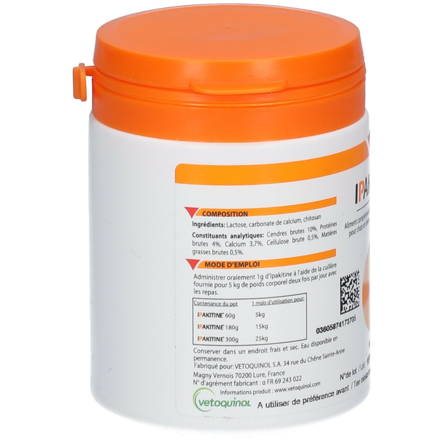 Pot met oranje deksel. Achterkant met ingrediënten en gebruiksaanwijzing. Voor katten en honden.