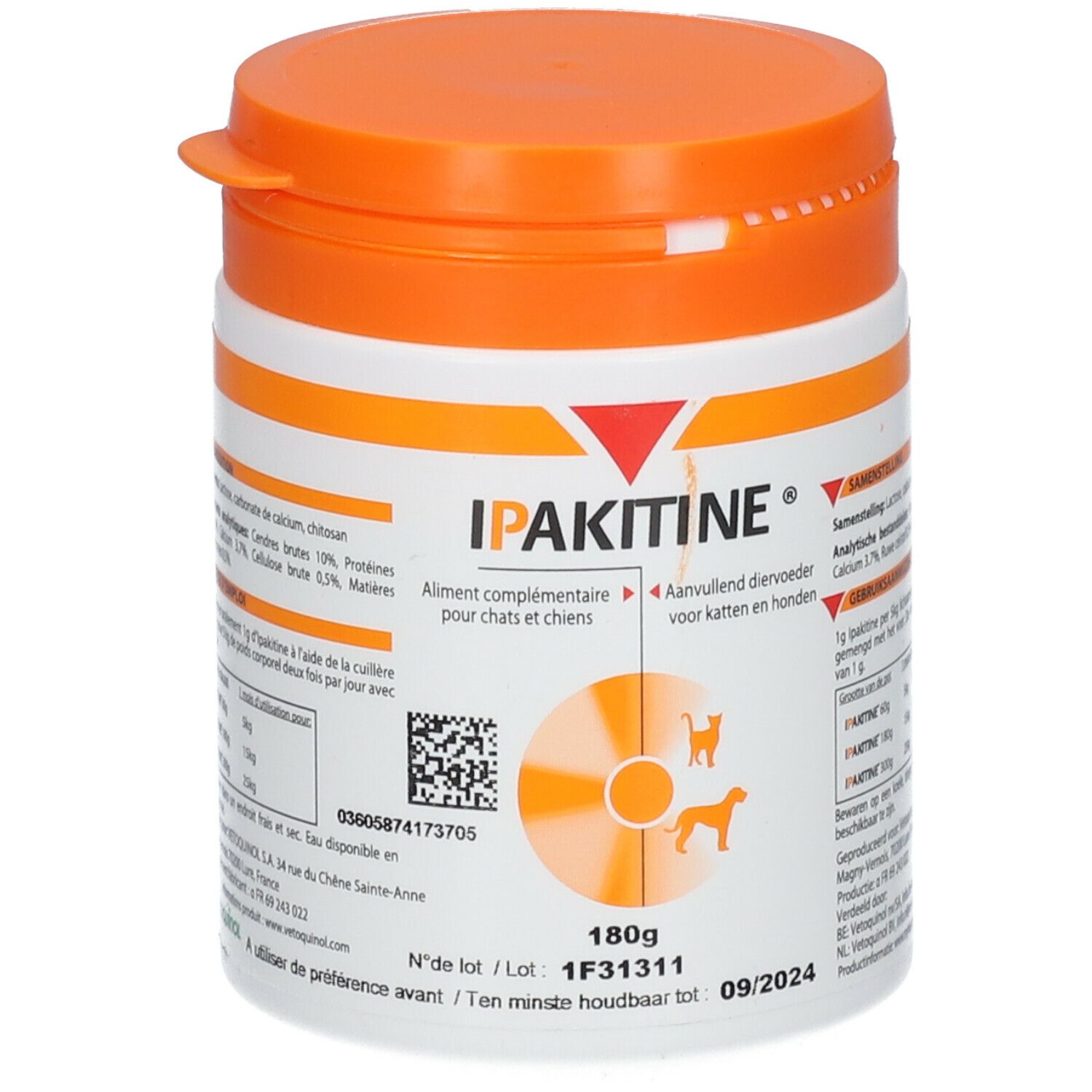 Pot met oranje deksel. Opschrift: IPAKITINE. Aanvullend diervoeder voor katten en honden. 180g. Houdbaar tot 09/2024.
