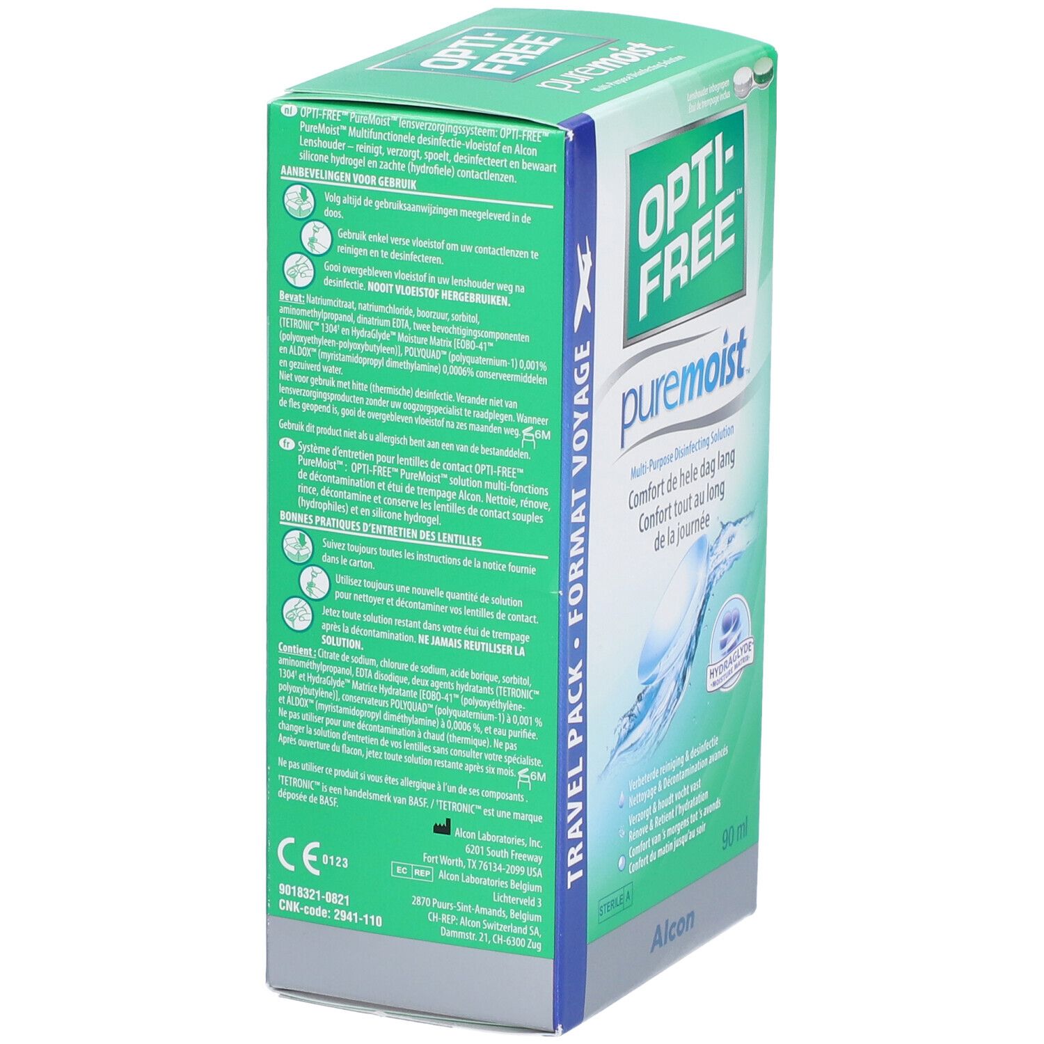 Opti-Free Pure Moist reisverpakking. Groene verpakking met tekst en logo. Bevat informatie over lensverzorging.