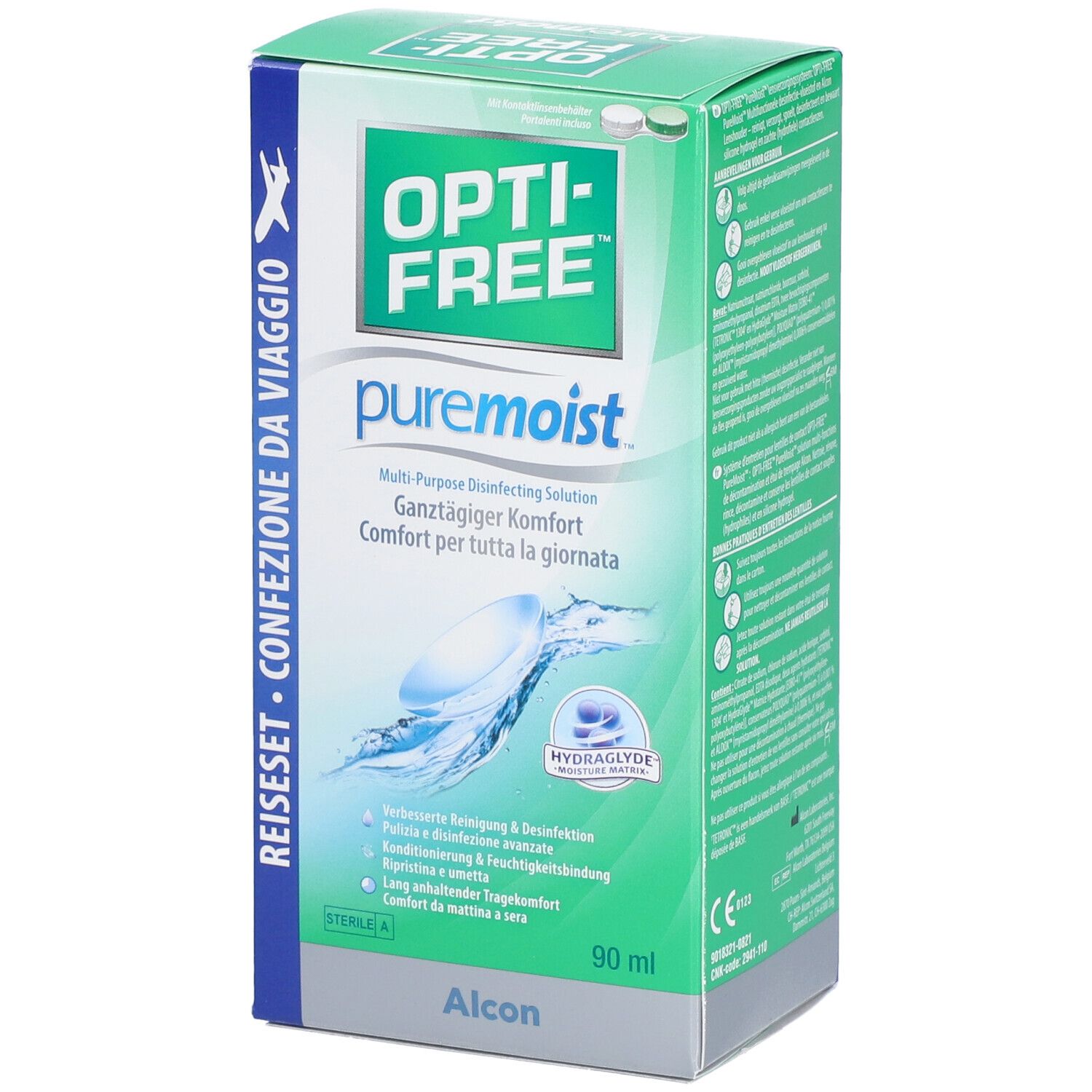 Opti-Free Pure Moist reisverpakking. Groene verpakking met productnaam en logo. Bevat lenzenvloeistof.