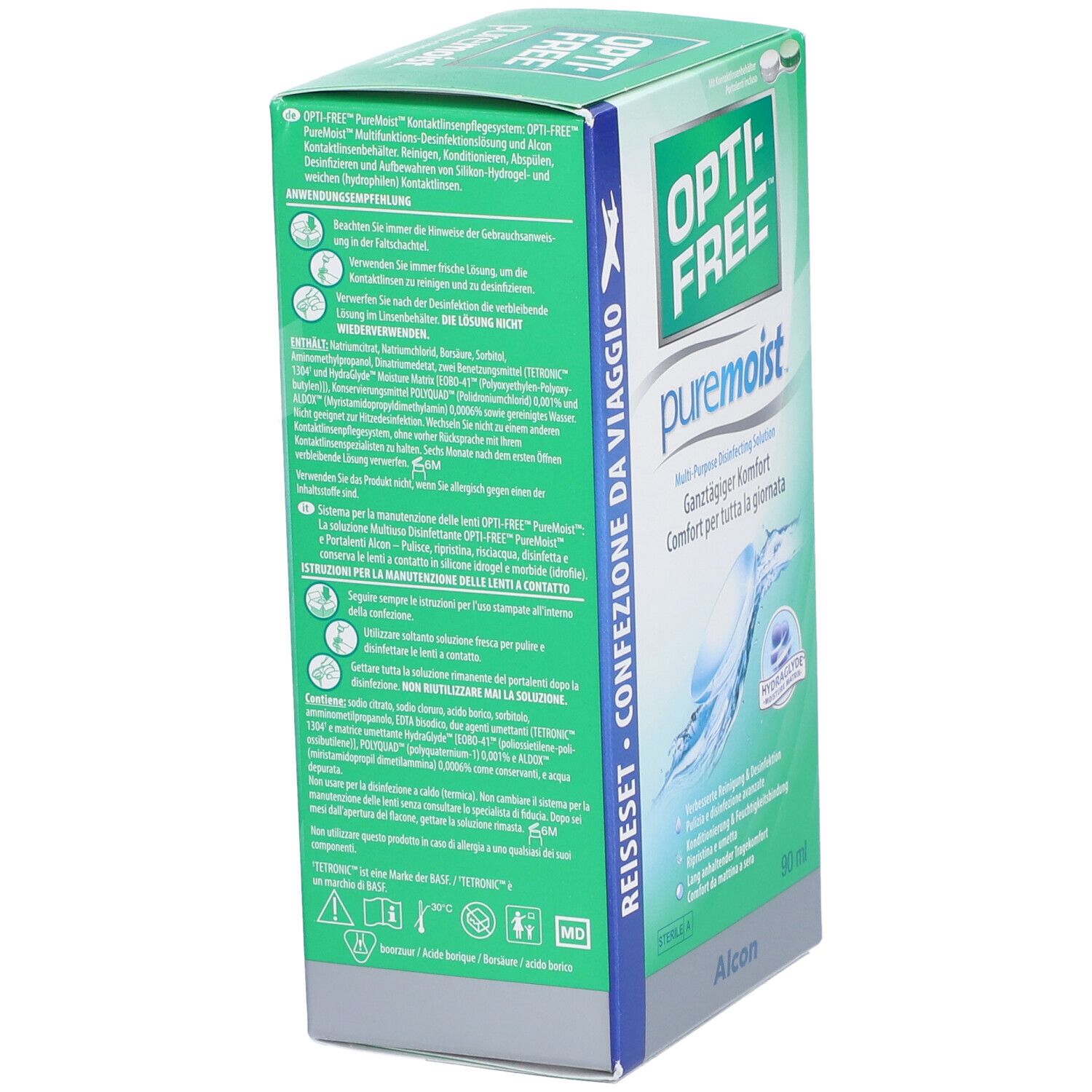 Opti-Free Pure Moist reisverpakking. Groene verpakking met tekst en logo. Bevat informatie over lensverzorging.