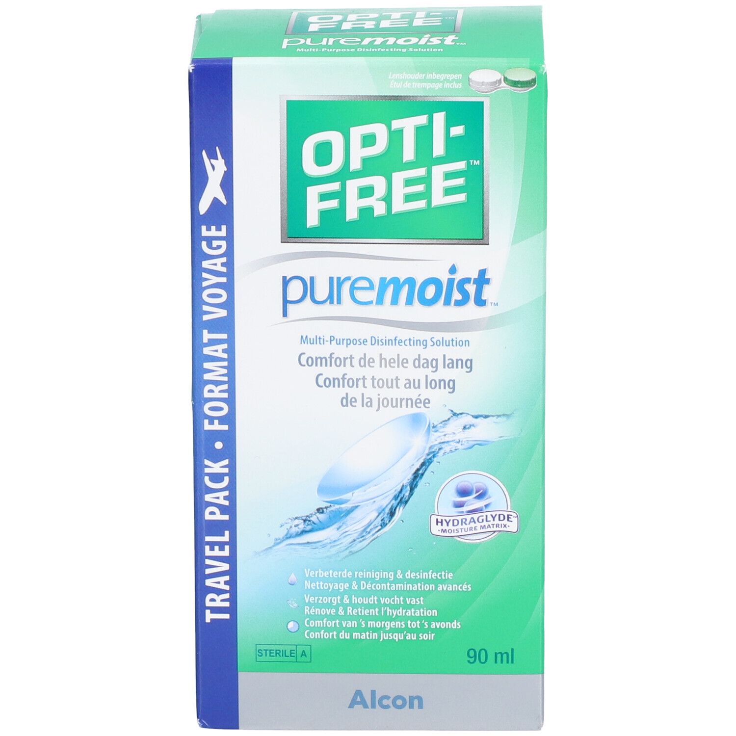 Opti-Free Pure Moist reisverpakking. Groene en witte verpakking met productnaam en logo. Bevat lenzenvloeistof.