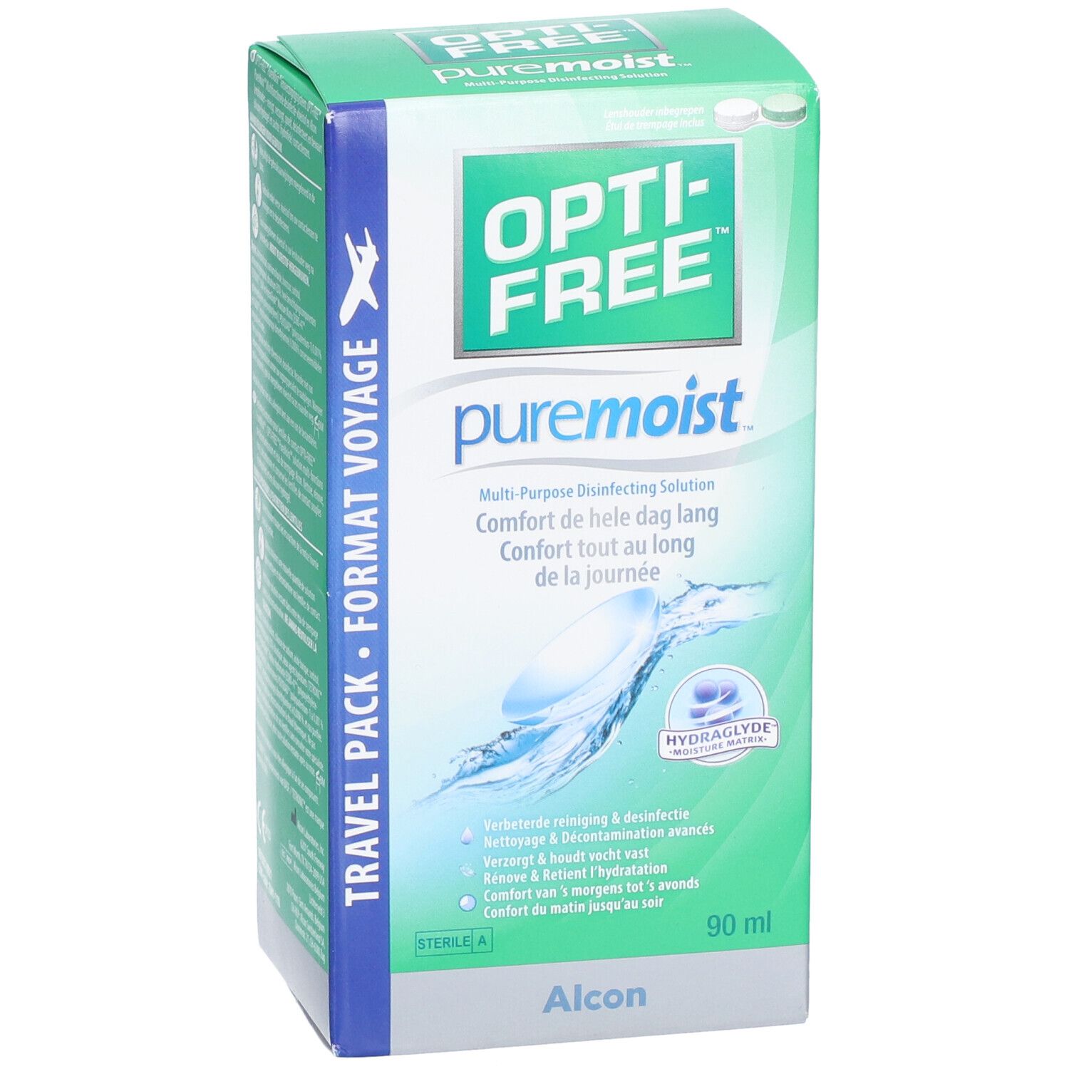 Opti-Free Pure Moist reisverpakking. Groene en witte verpakking met productnaam en logo. Bevat lenzenvloeistof.