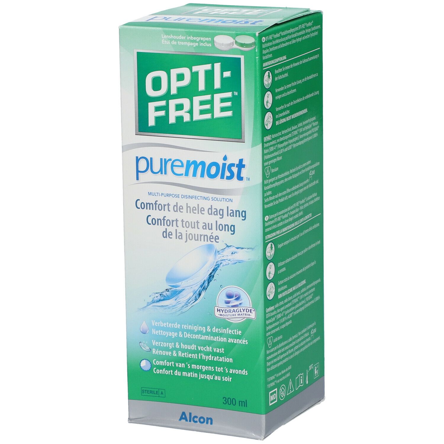 Opti-Free Puremoist-Verpackung. Grün-weiße Schachtel mit Produktnamen und Kontaktlinsen-Symbol. 300 ml.