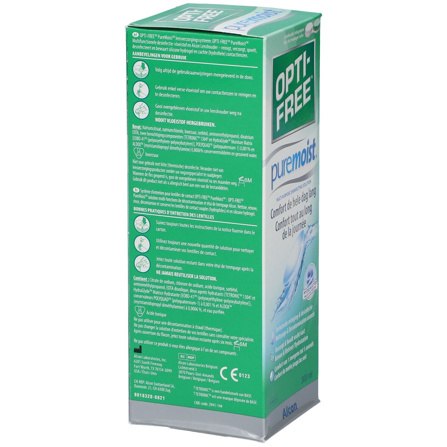 Rückseite der Opti-Free Puremoist-Verpackung. Grüne Box mit Textinformationen und CE-Kennzeichnung.