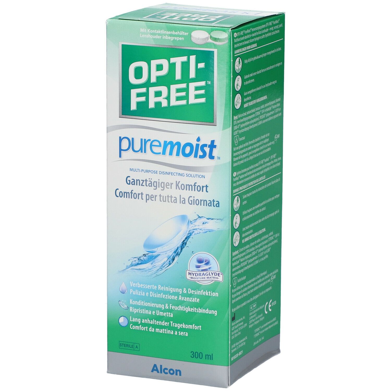 Opti-Free Puremoist-Verpackung. Grün-weiße Schachtel mit Produktnamen und Kontaktlinsen-Symbol. 300 ml.
