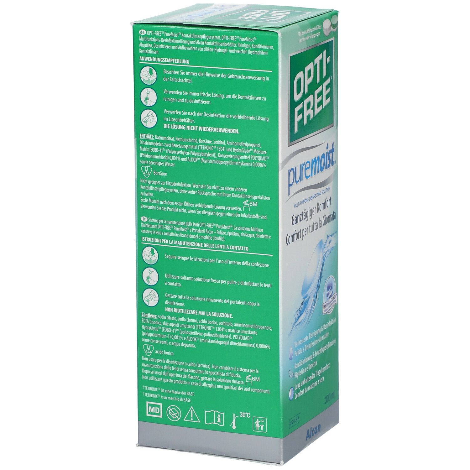 Rückseite der Opti-Free Puremoist-Verpackung. Grüne Box mit Textinformationen und CE-Kennzeichnung.