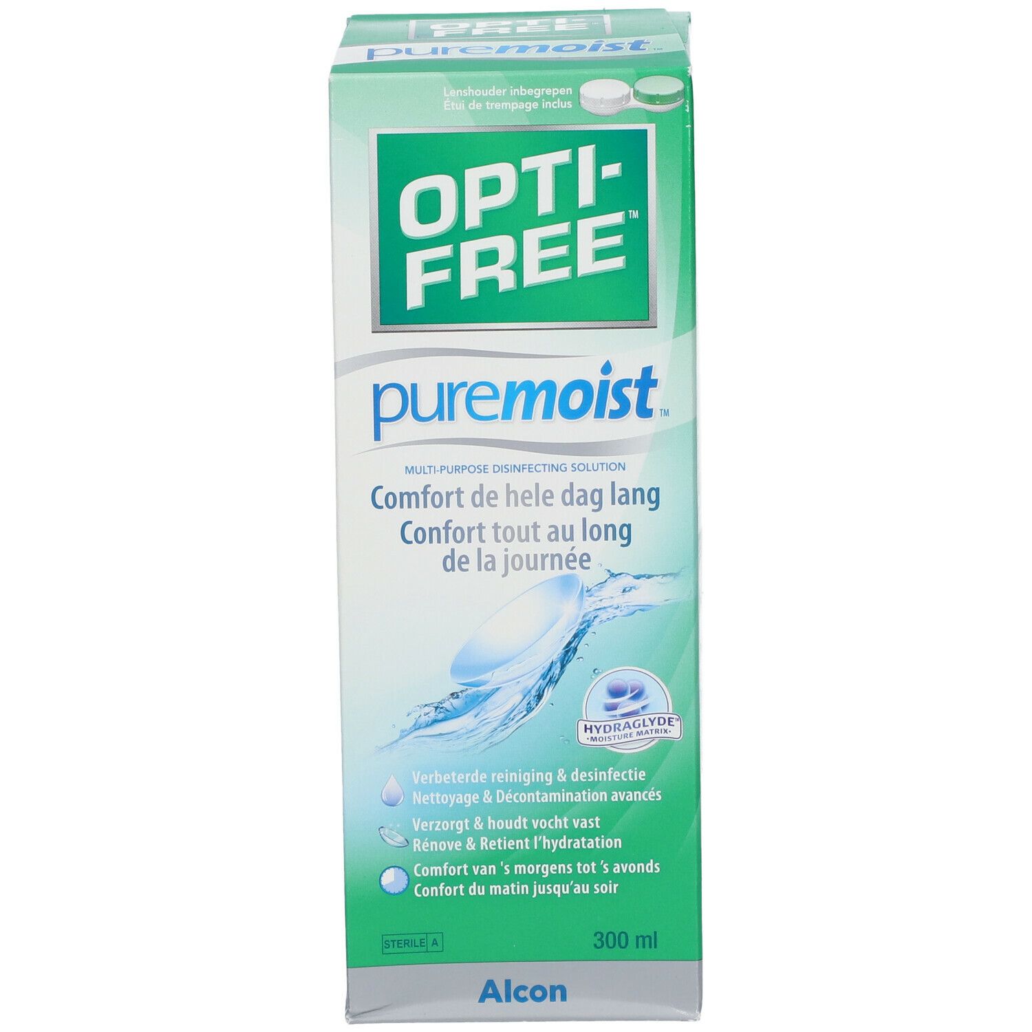 Opti-Free Puremoist-Verpackung. Grün-weiße Schachtel mit Produktnamen und Kontaktlinsen-Symbol. 300 ml.