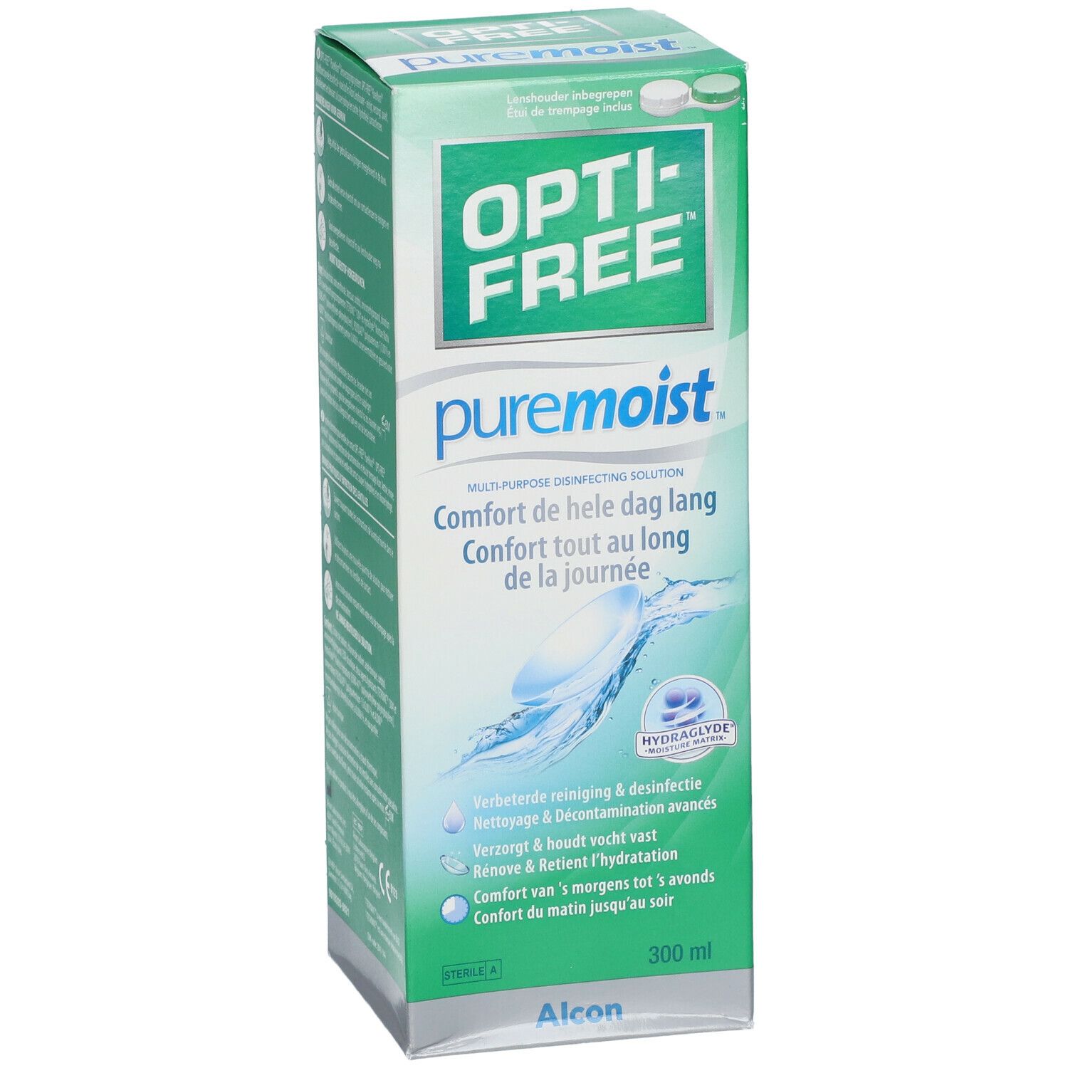 Opti-Free Puremoist-Verpackung. Grün-weiße Schachtel mit Produktnamen und Kontaktlinsen-Symbol. 300 ml.