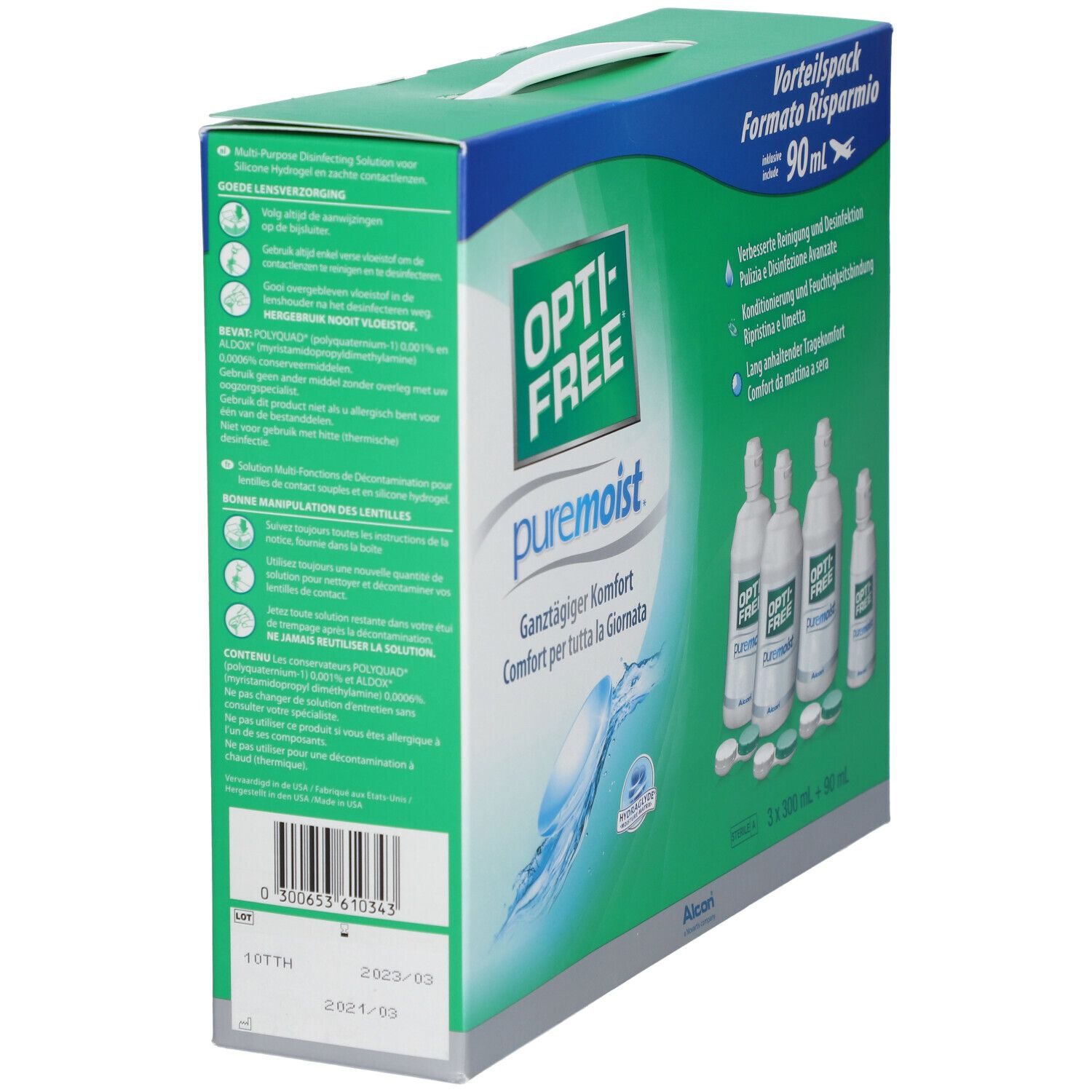 Opti-Free PureMoist voordeelverpakking. Groen-witte verpakking met handvat. Productnaam en tekst op de zijkant.