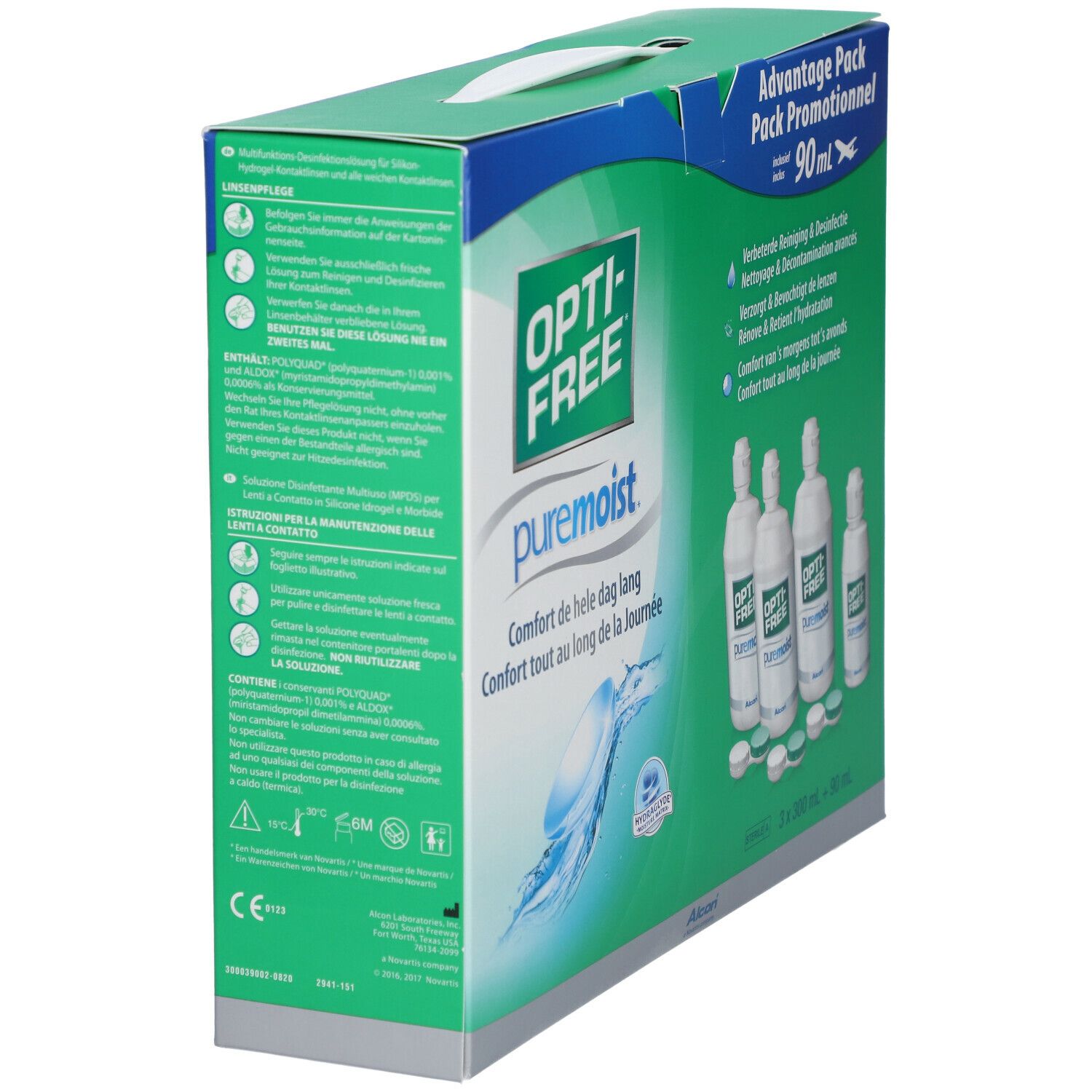 Opti-Free PureMoist voordeelverpakking. Groen-witte verpakking met handvat. Productnaam en tekst op de zijkant.