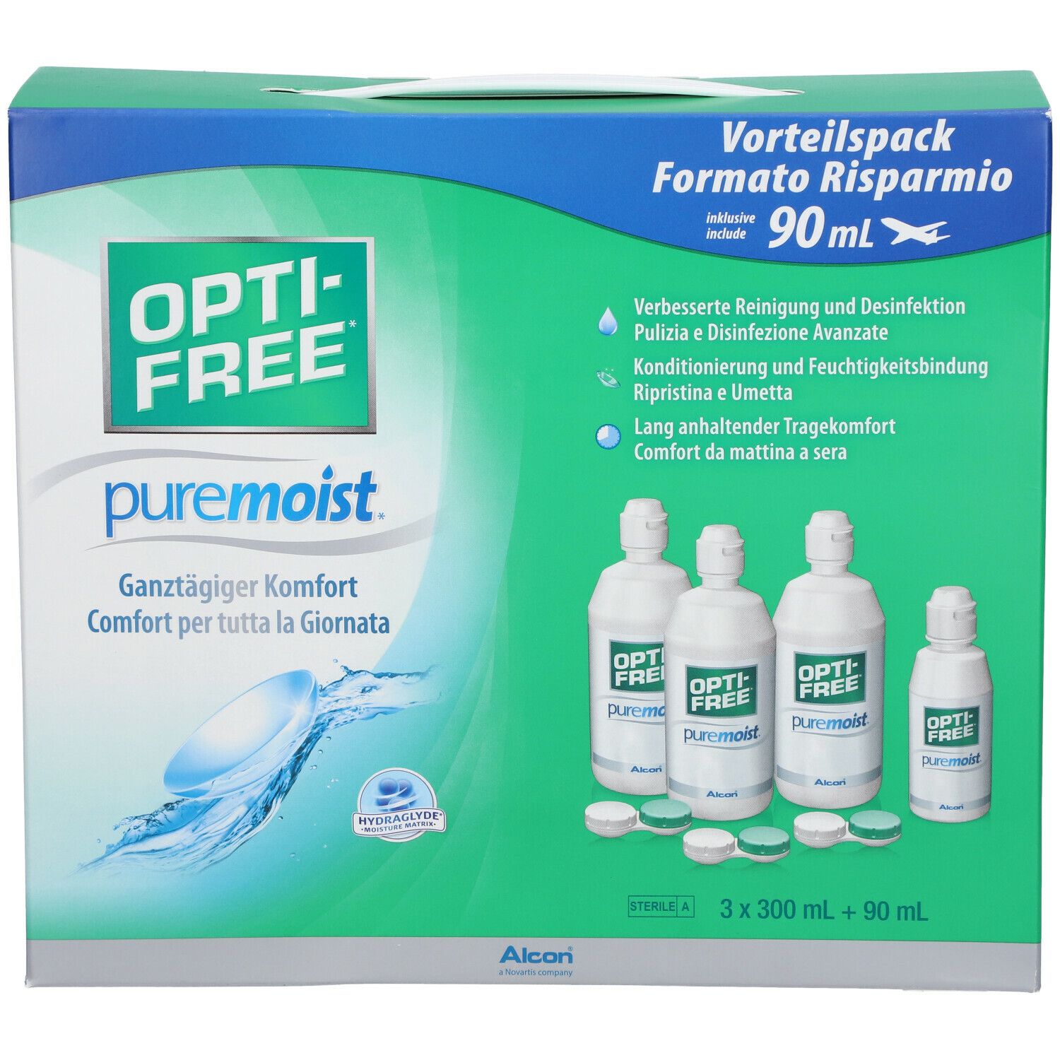 Opti-Free PureMoist voordeelverpakking. Bevat flessen en houders. Groen-witte verpakking met productnaam en tekst.
