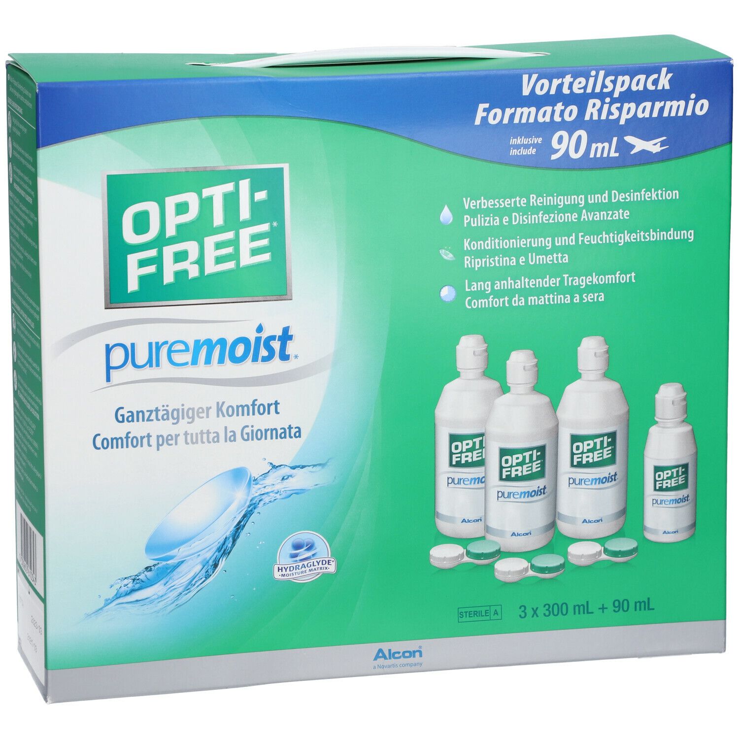 Opti-Free PureMoist voordeelverpakking. Bevat flessen en houders. Groen-witte verpakking met productnaam en tekst.