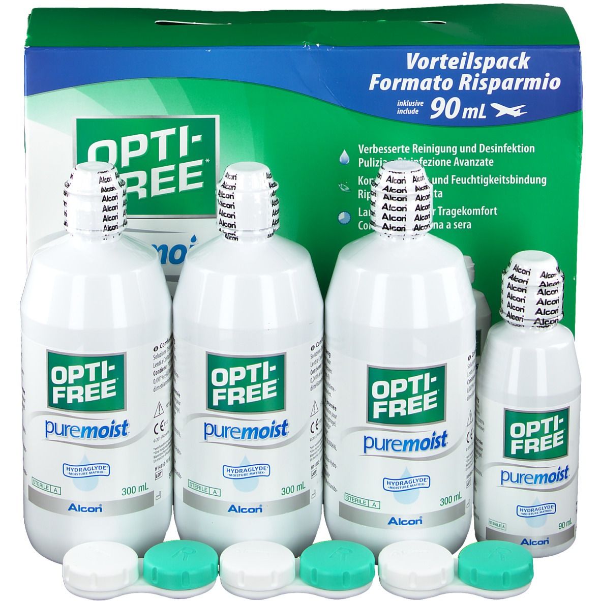 Opti-Free PureMoist flessen en houders. Witte flessen met groen etiket. Groene houders.