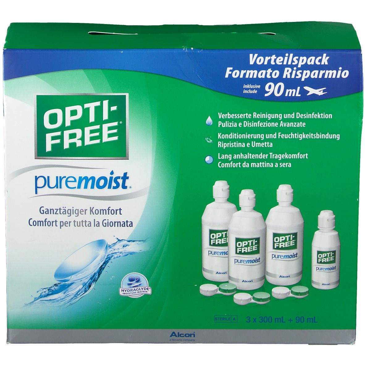 Opti-Free PureMoist voordeelverpakking. Bevat flessen en houders. Groen-witte verpakking met productnaam en tekst.