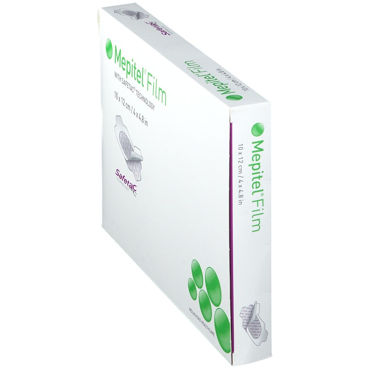 Mepitel® Film-Verpackung, 10 x 12 cm. Weiße Schachtel, Seitenansicht. Mit grünen Elementen und Produktnamen.
