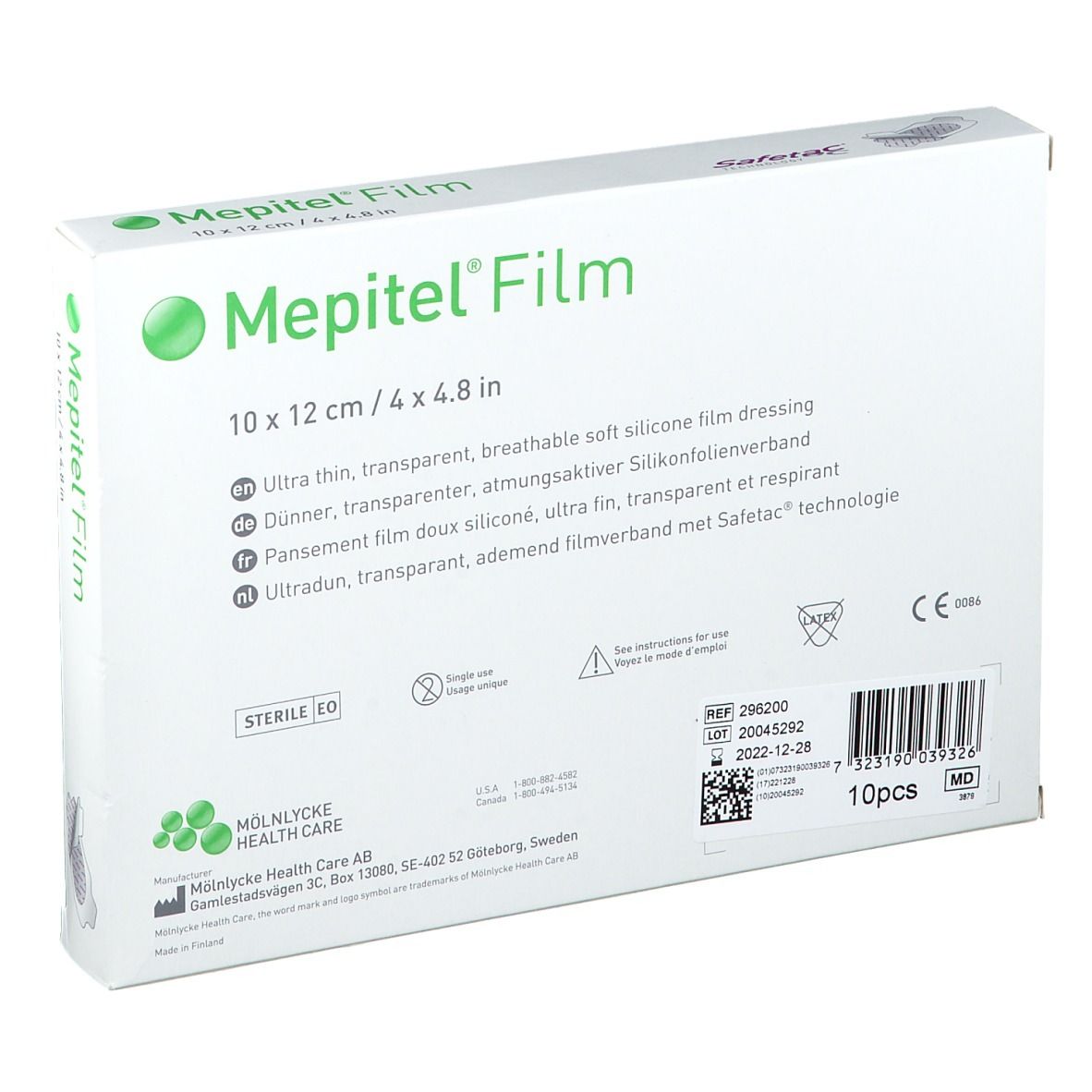 Rückseite der Mepitel® Film-Verpackung, 10 x 12 cm. Enthält Produktinformationen und Chargennummer.