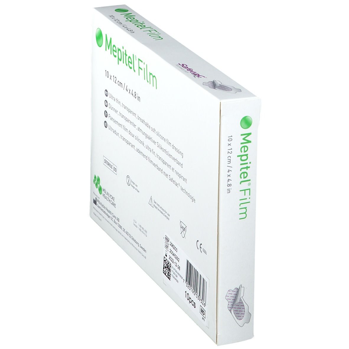 Mepitel® Film-Verpackung, 10 x 12 cm. Seitenansicht. Produktname und Informationen auf weißem Hintergrund.