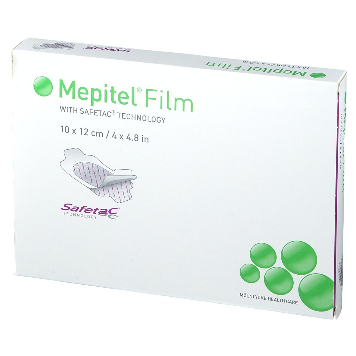 Mepitel® Film-Verpackung, 10 x 12 cm. Weiße Schachtel mit grünen Elementen und Produktabbildung.
