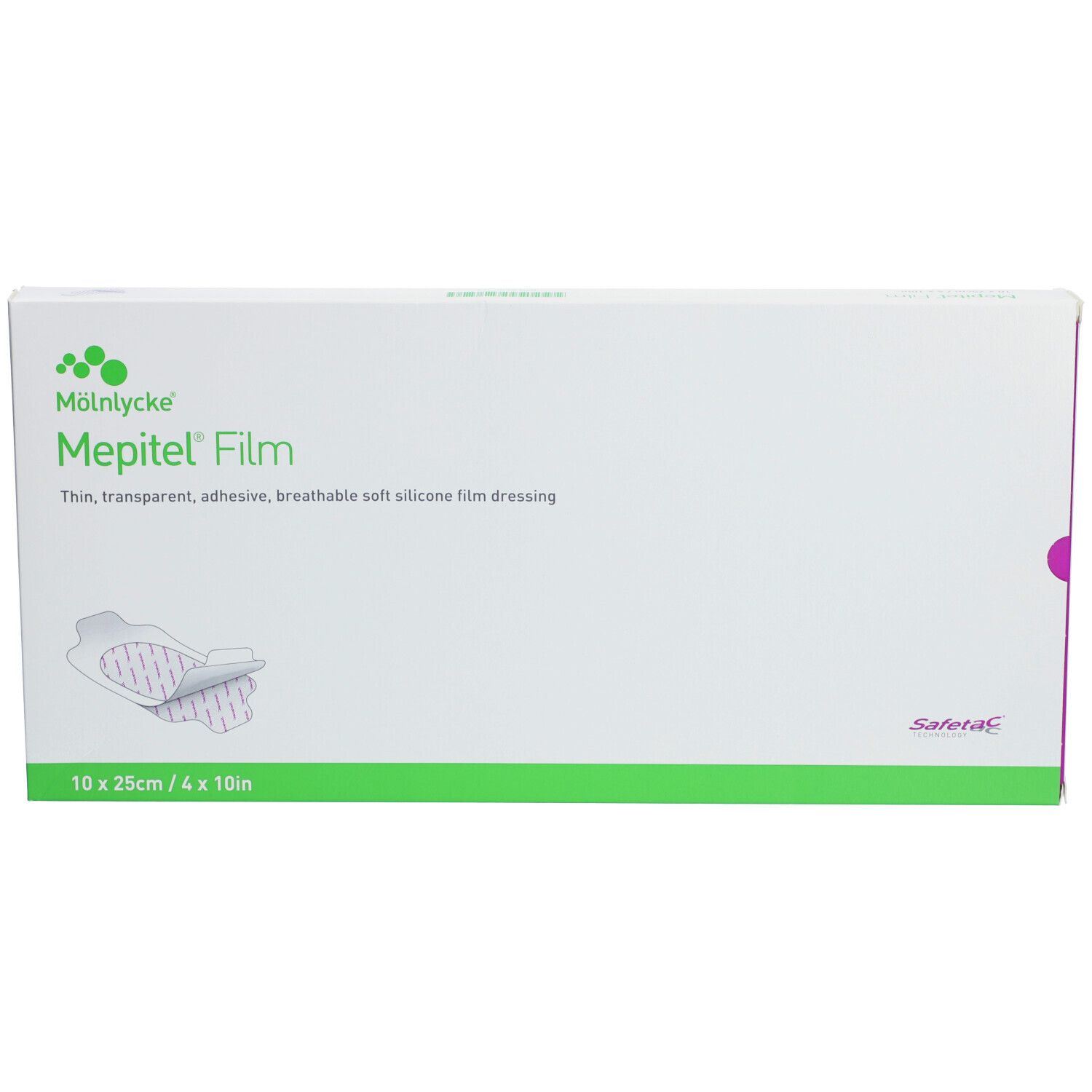 Verpakking Mepitel® Film. Wit, groen en paars. Opschrift: Mepitel® Film, 10 x 25cm, zacht siliconen wondverband.