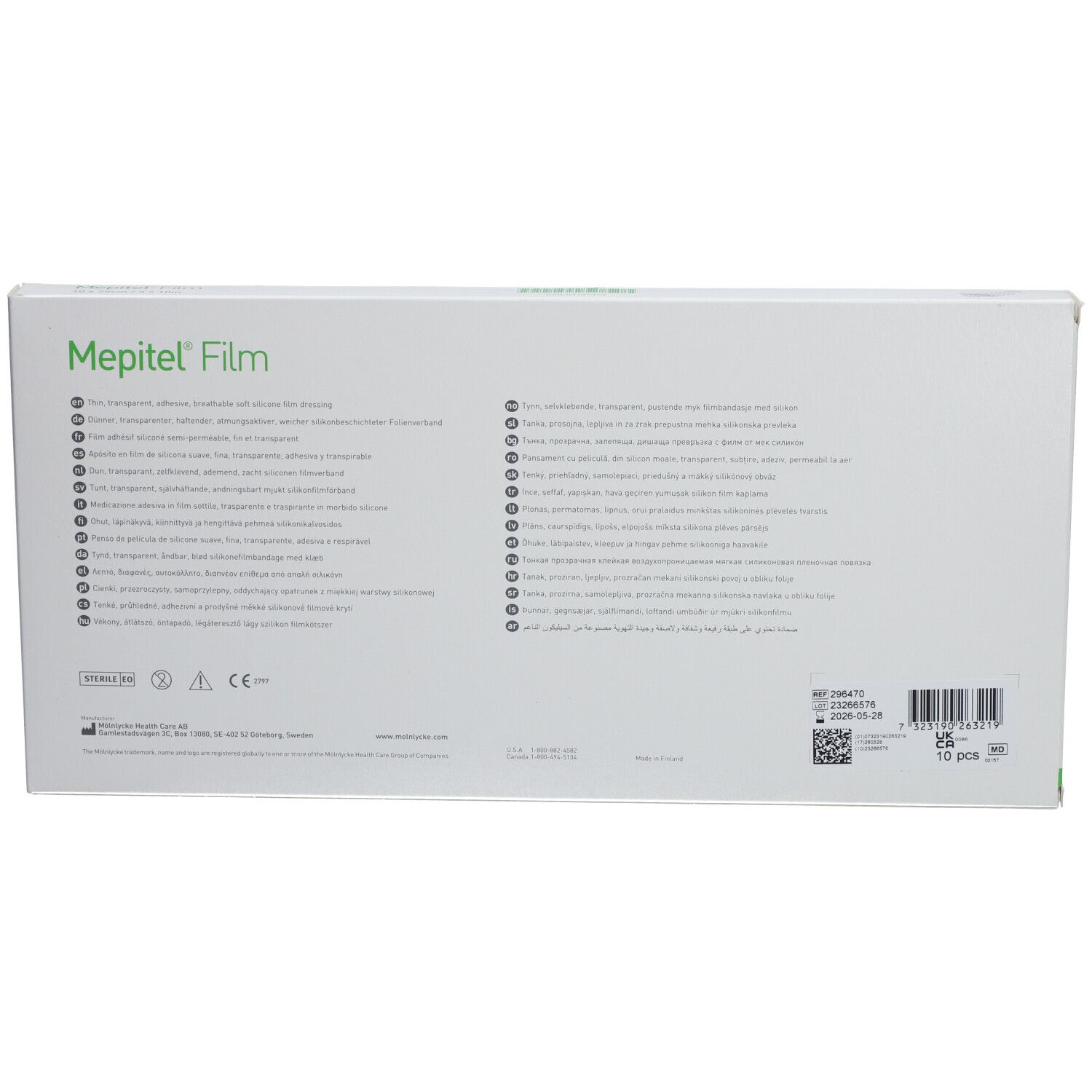 Achterkant van de verpakking Mepitel® Film. Tekst in meerdere talen. Barcode en lotnummer. 10 stuks.