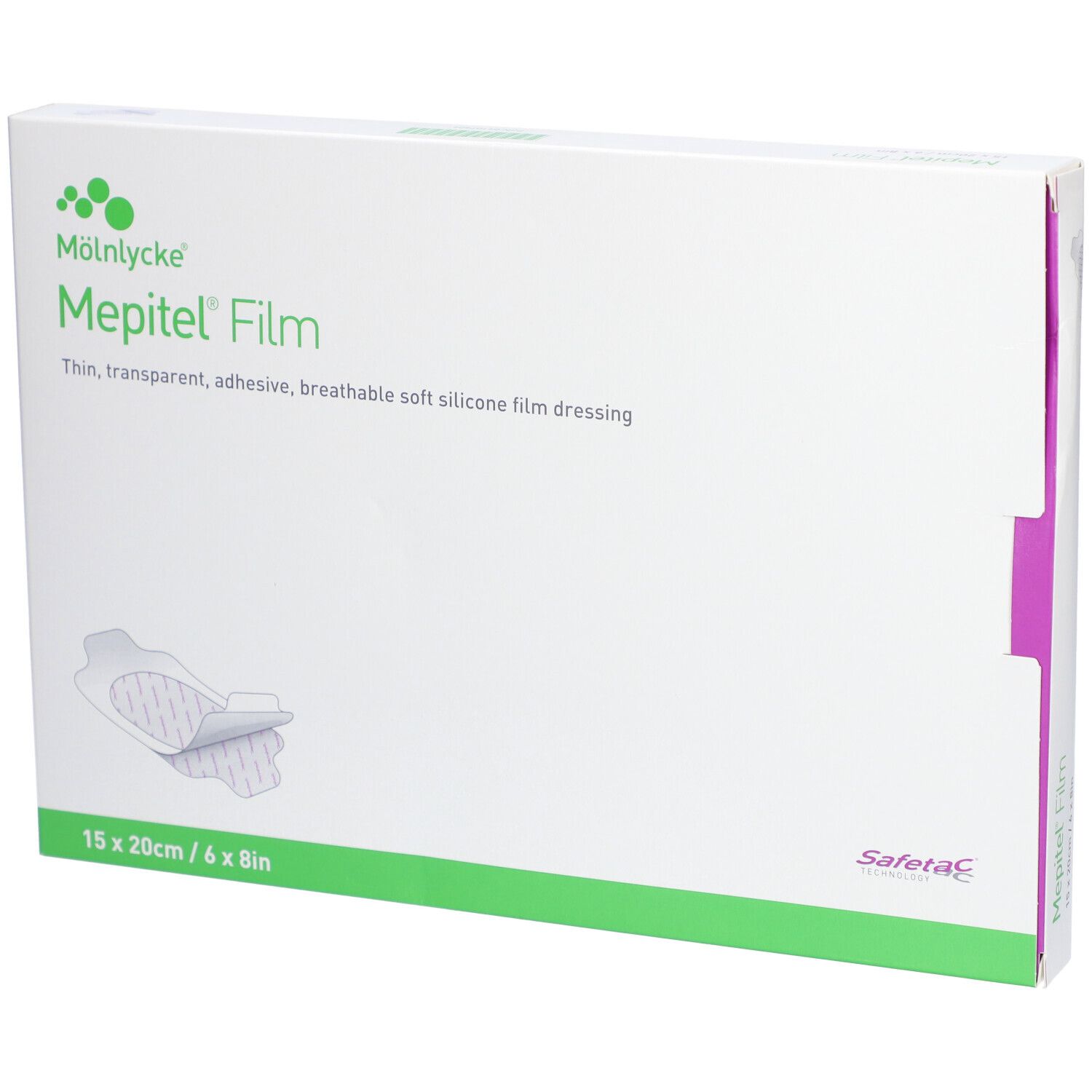 Mepitel® Film verpakking. Wit, groen en paars. Productnaam en afmeting 15 x 20 cm/6 x 8in.
