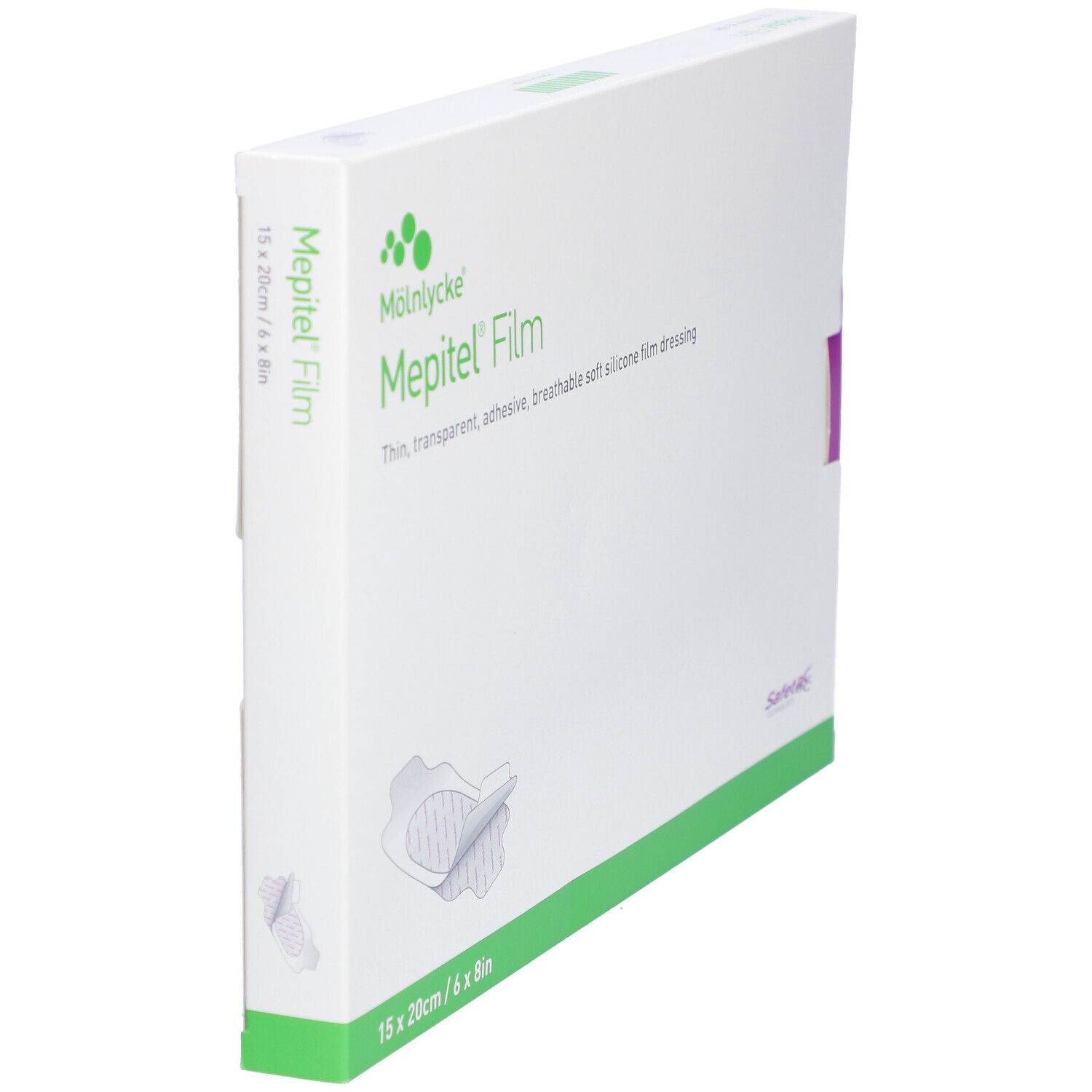 Mepitel® Film verpakking. Wit, groen en paars. Productnaam en afmeting 15 x 20 cm/6 x 8in.