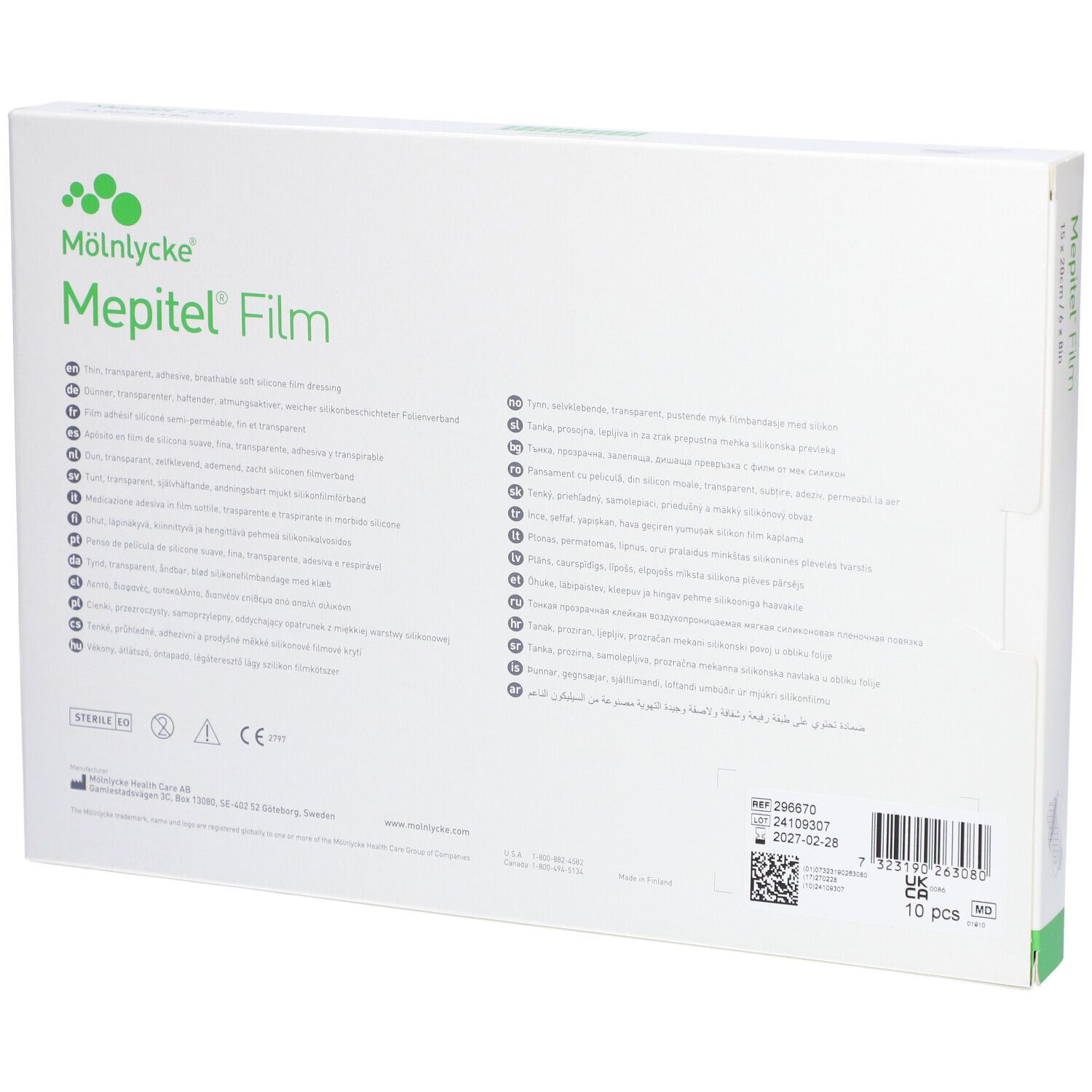 Achterkant van de Mepitel® Film verpakking. Tekst, logo's, batchnummer, vervaldatum en 10 stuks.