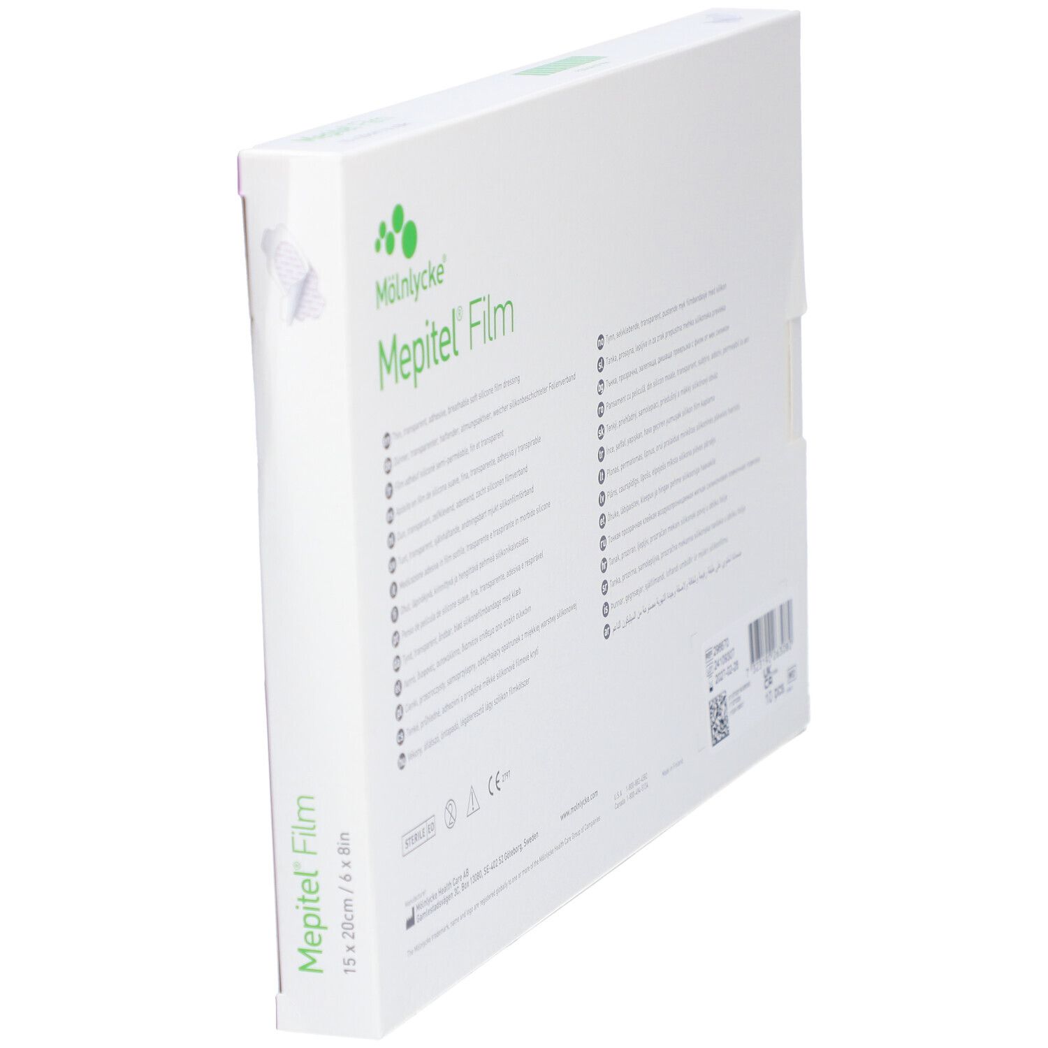 Mepitel® Film verpakking. Wit, groen en paars. Productnaam en afmeting 15 x 20 cm/6 x 8in.