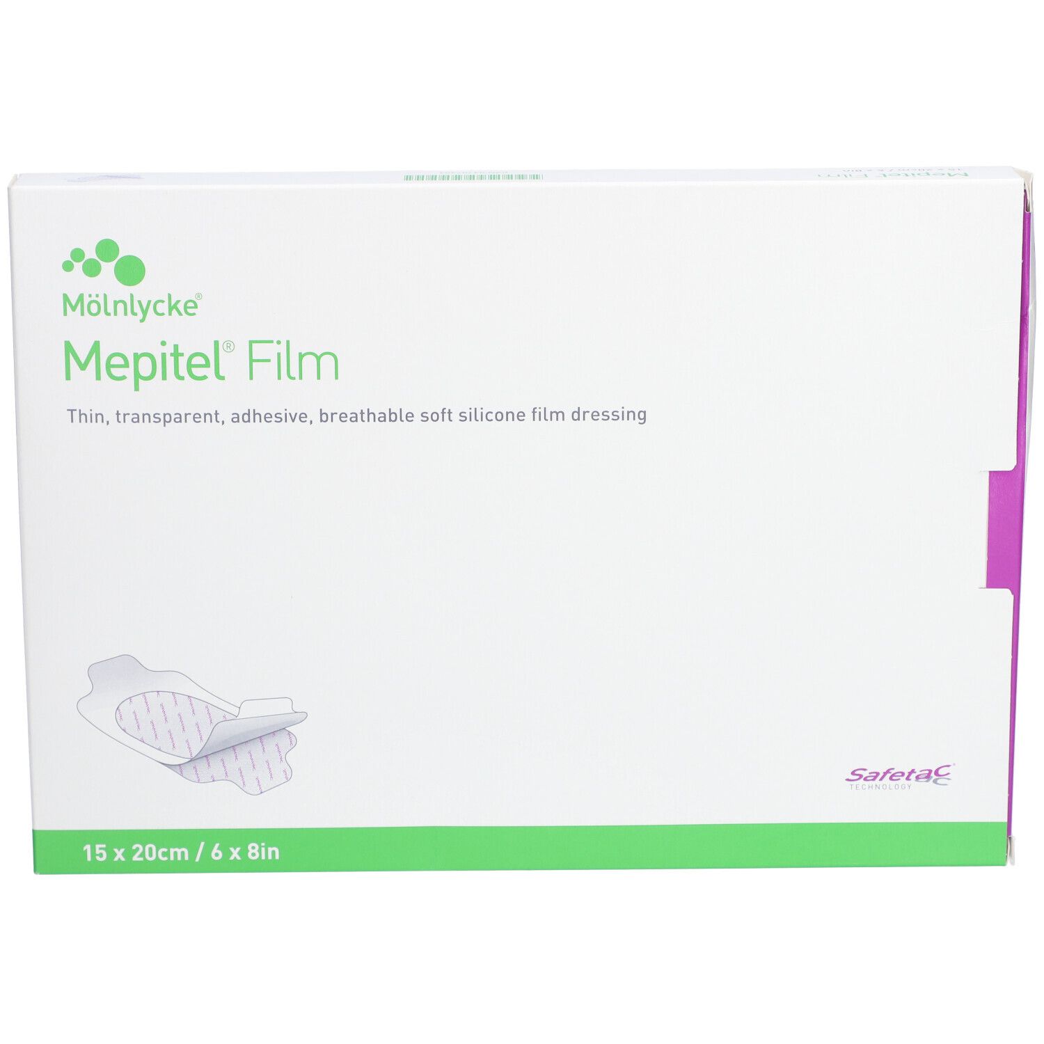Mepitel® Film verpakking. Wit, groen en paars. Productnaam en afmeting 15 x 20 cm/6 x 8in.